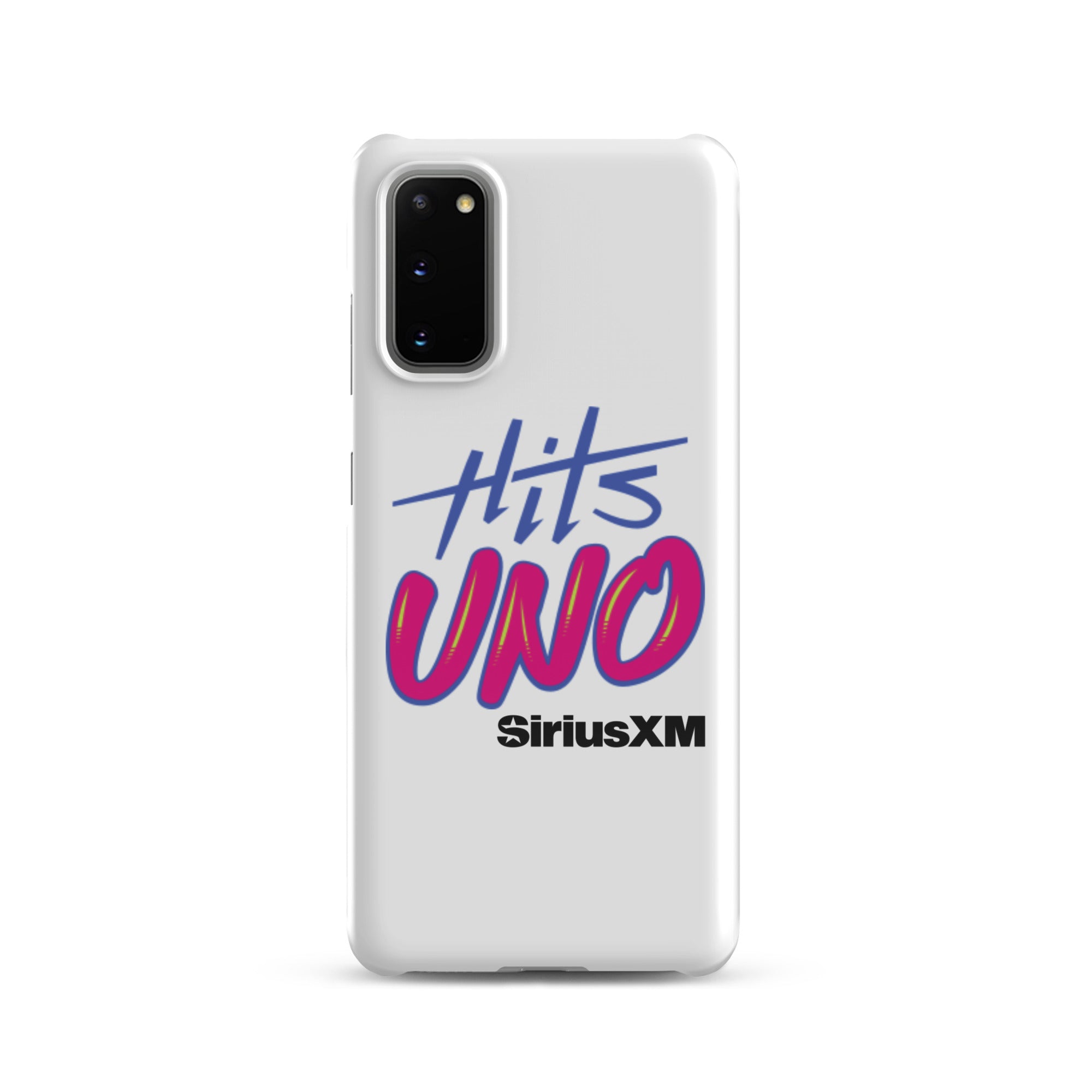 Phone case design featuring 'Hits UNO' and 'SiriusXM' in vibrant blue and pink colors on a white background.