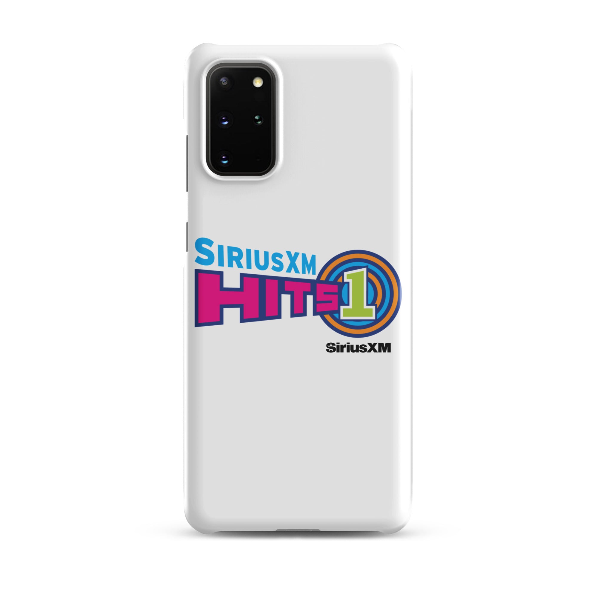 White phone case with 'SiriusXM Hits 1' logo, featuring colors pink, blue, and green design elements and 'SiriusXM' branding.