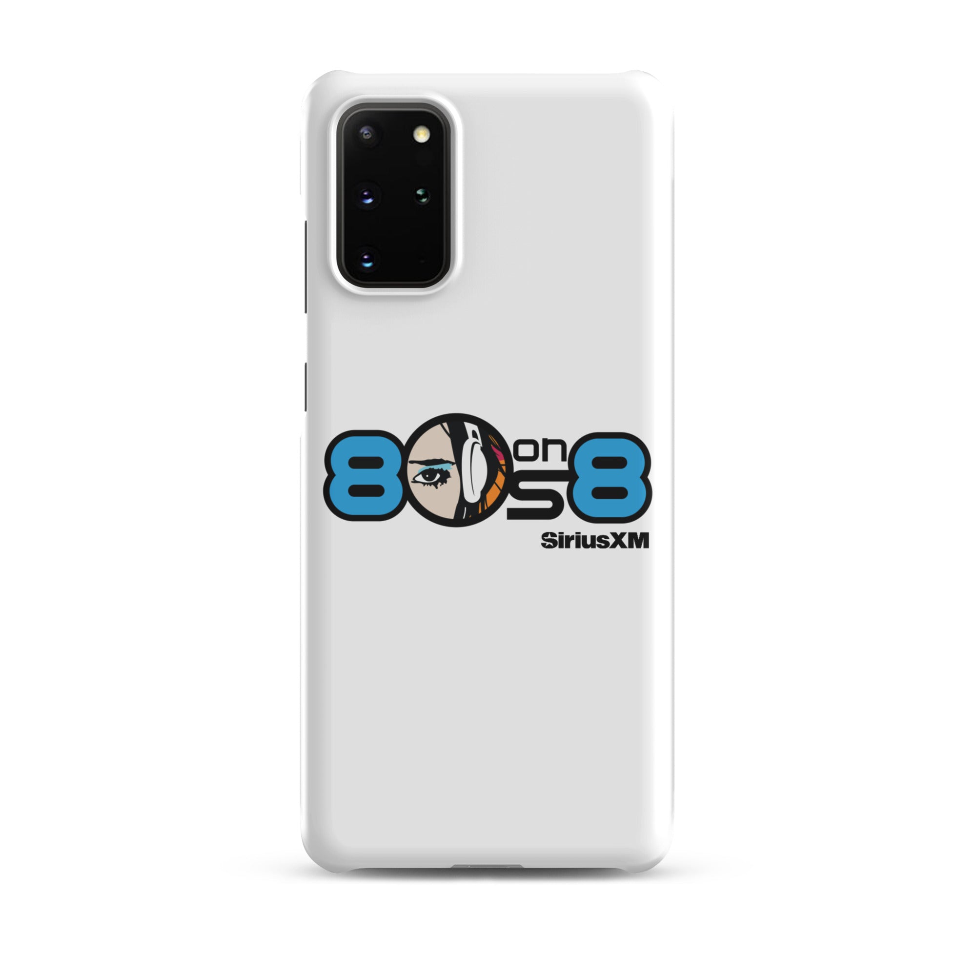 White phone case featuring the '80s on 8 SiriusXM' logo with a stylized face and headphones design.