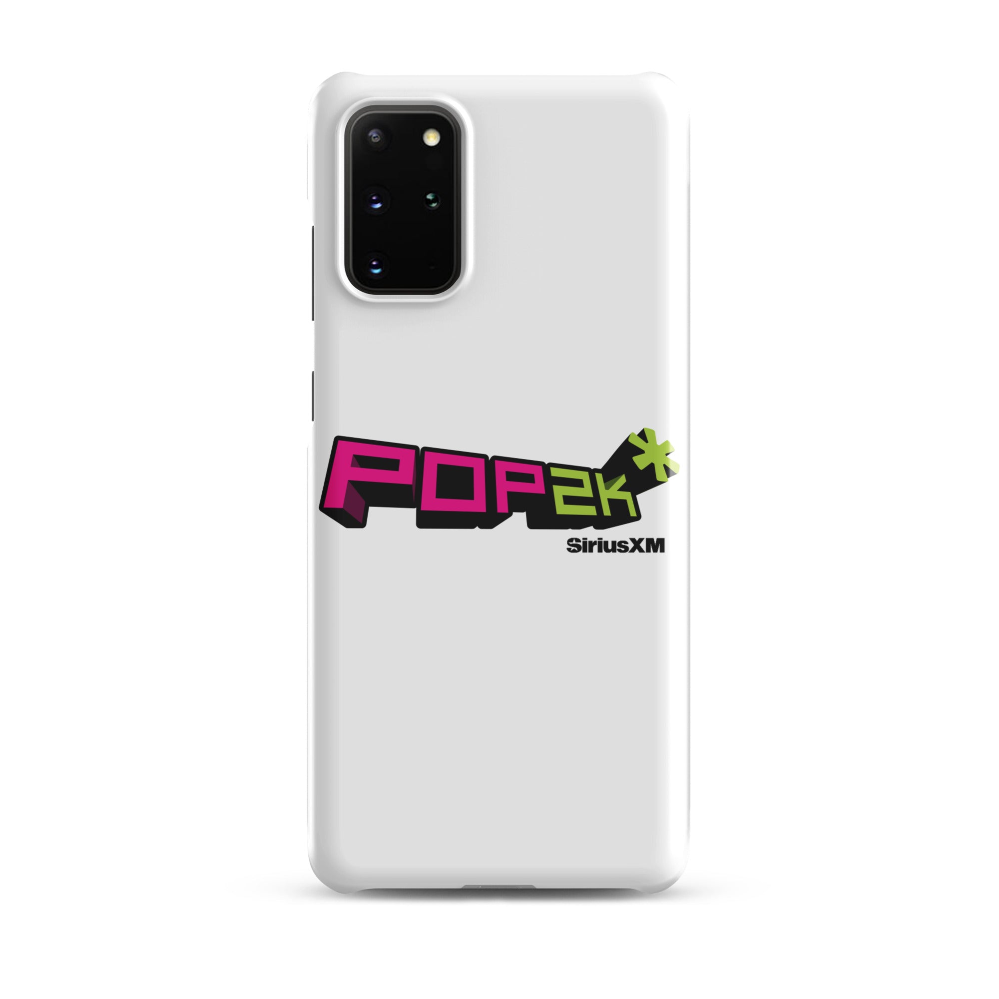 White phone case featuring the 'POP2K' logo with 'SiriusXM' branding in bold pink and green colors.