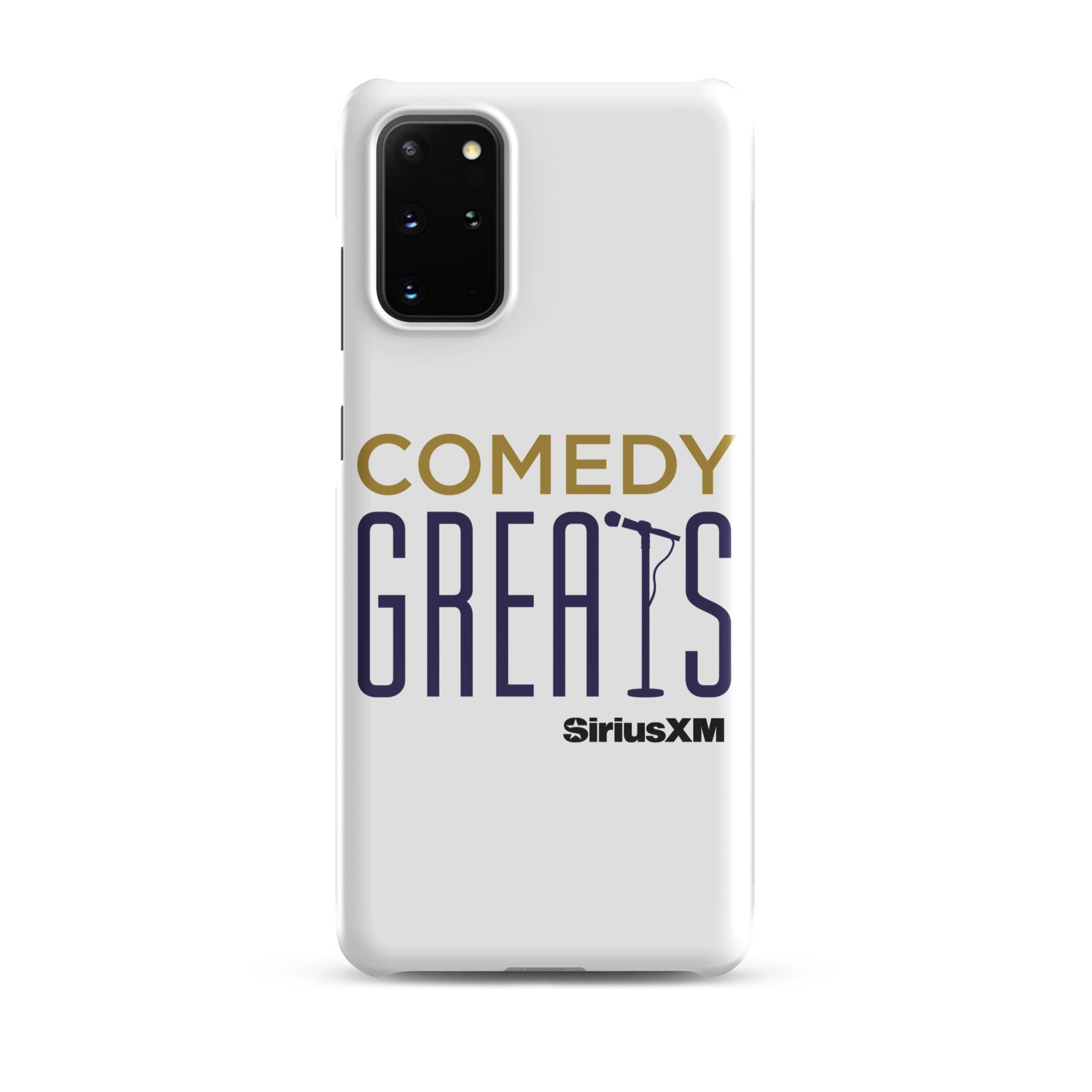 White phone case with 'COMEDY GREATS' logo and a microphone icon, featuring the 'SiriusXM' logo.