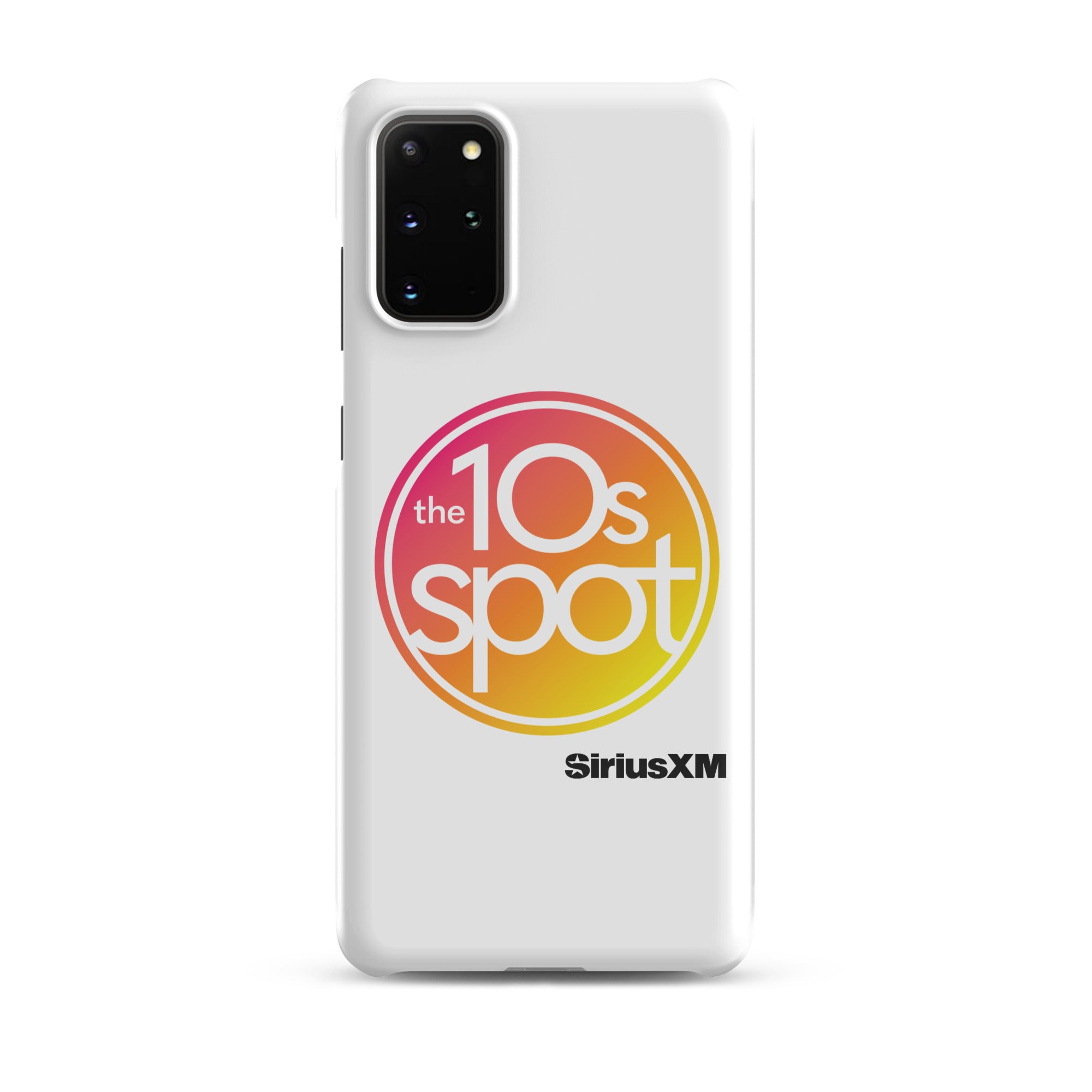 White phone case featuring 'the 10s spot' logo in a pink and yellow gradient and 'SiriusXM' branding.