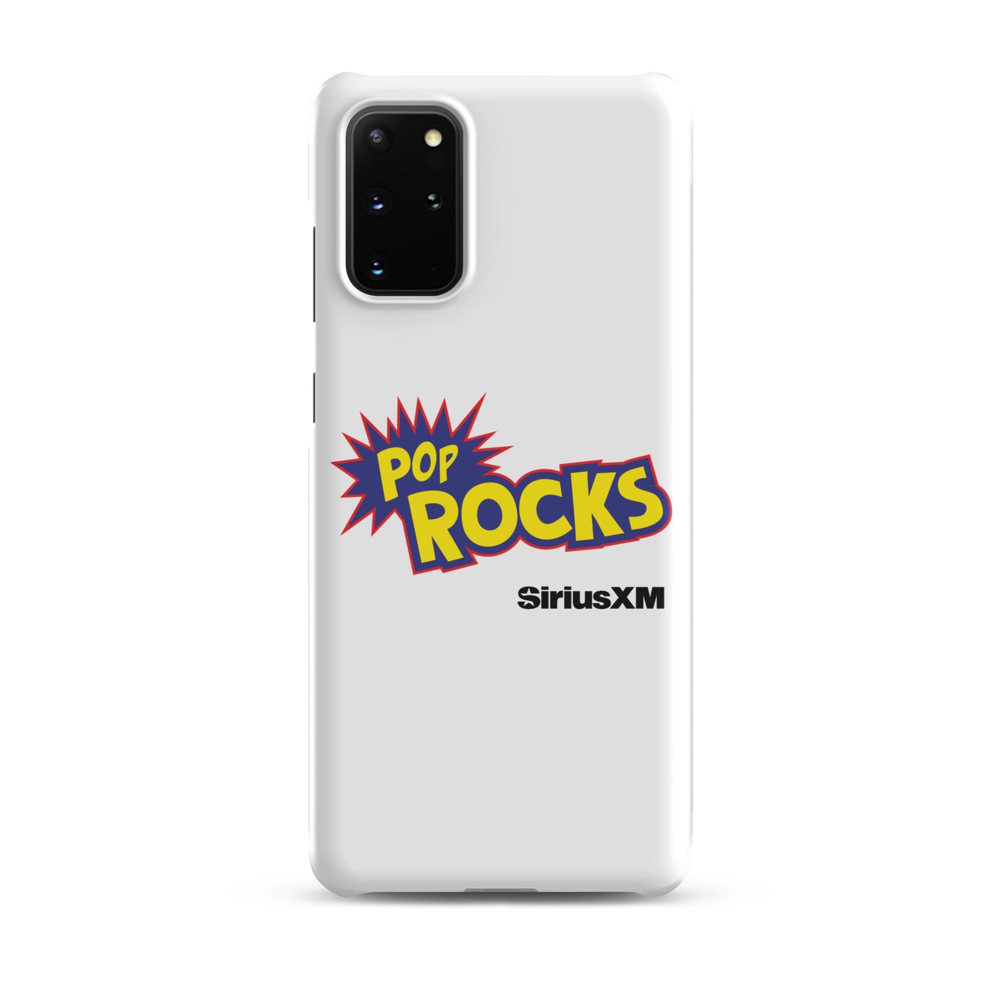 A white phone case featuring 'Pop Rocks' explosion graphic design  'SiriusXM' logo.