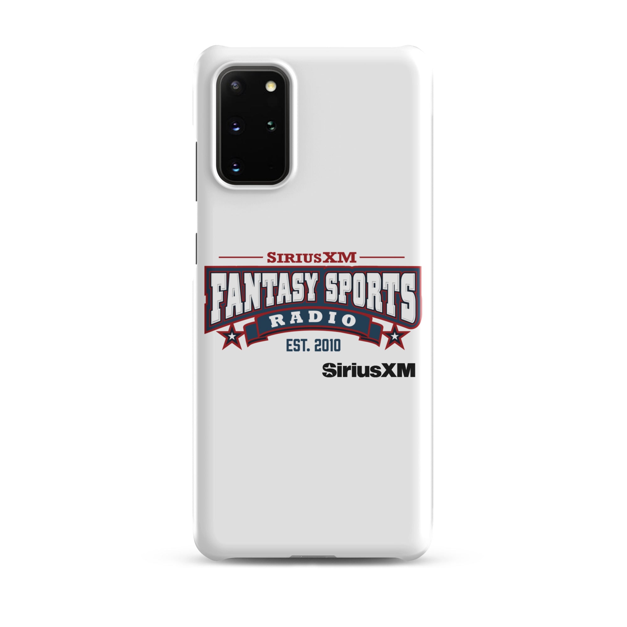 White phone case with 'SiriusXM Fantasy Sports Radio established 2010' logo, featuring red and blue design elements.