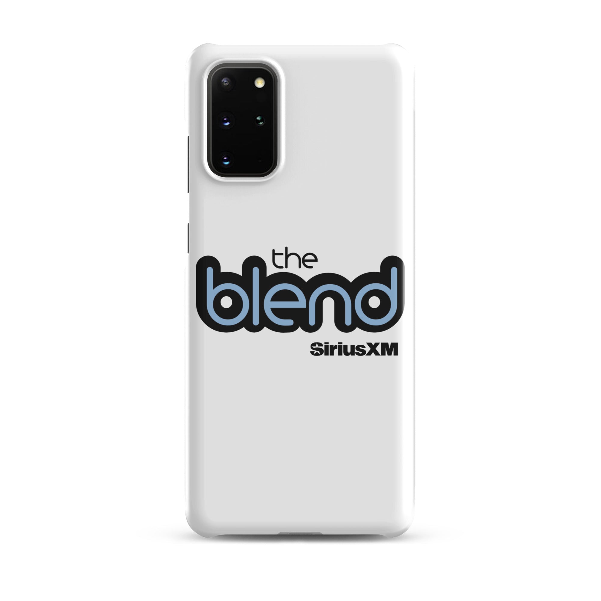 White phone case featuring the logo 'the blend' and 'SiriusXM' in blue and black text.