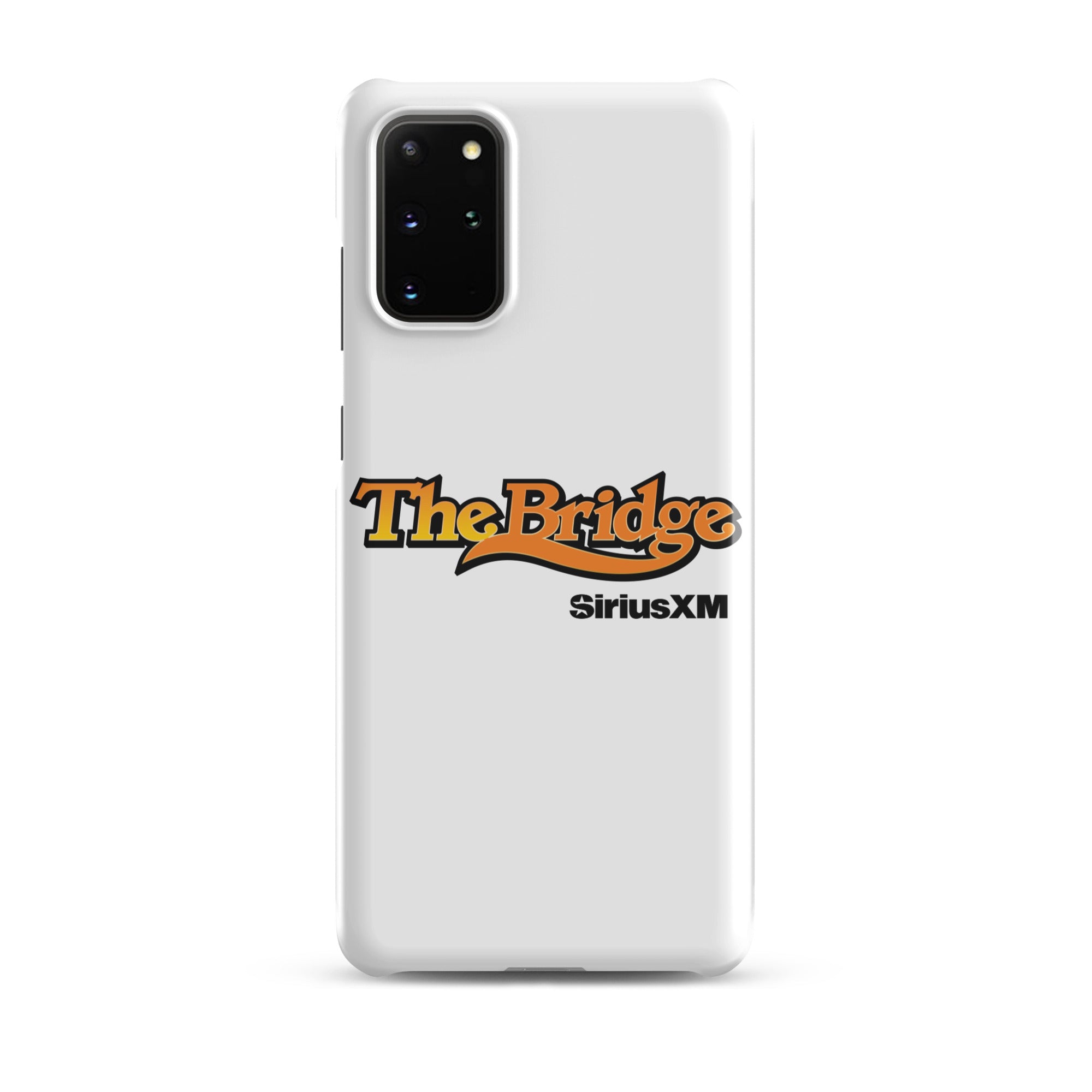 A white phone case featuring the logo 'The Bridge' in an orange gradient and black outline, and  'SiriusXM' in black.