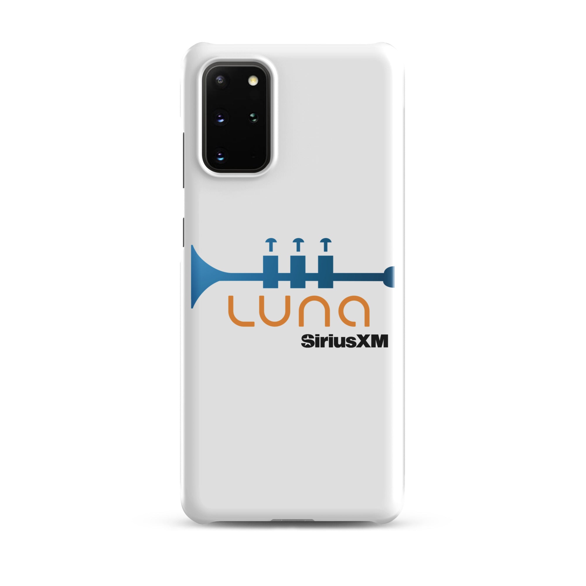 White phone case featuring a blue trumpet graphic and the logo 'LUNA SiriusXM' in orange and black.