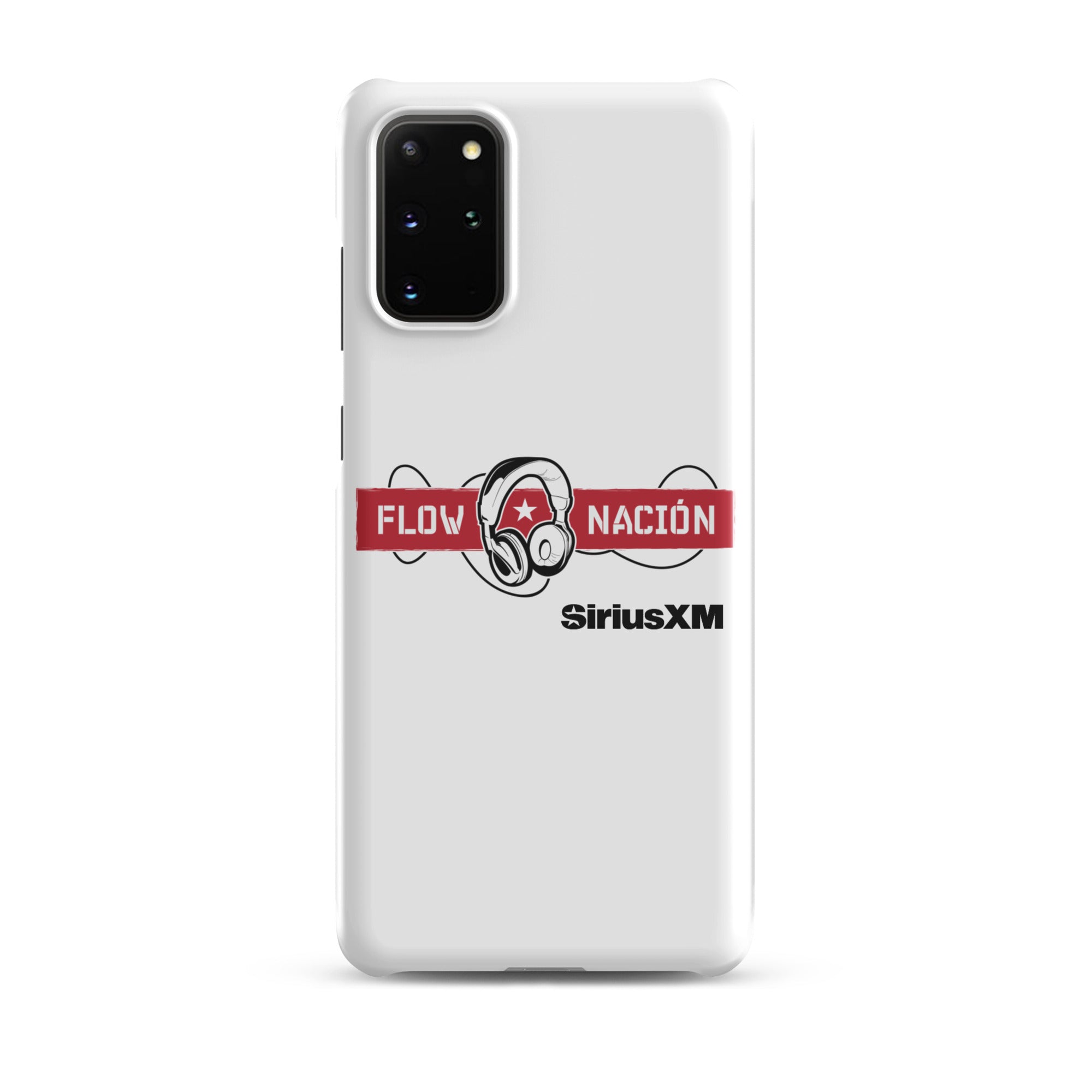 A white phone case featuring the 'FLOW NACIÓN' logo with headphones and the 'SiriusXM' branding.