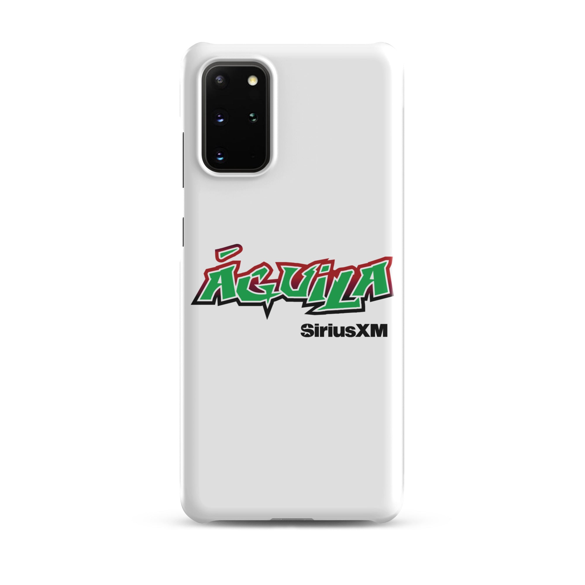 White smartphone case featuring 'Águila' in green and red text with 'SiriusXM' below.