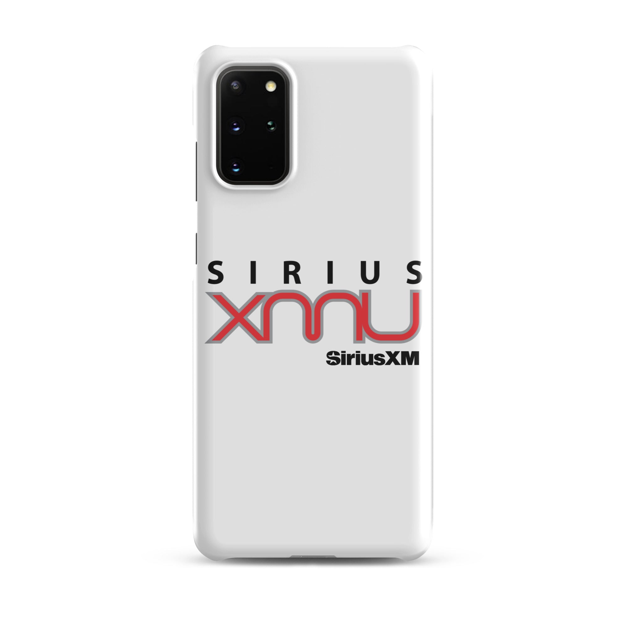 White phone case featuring the 'SiriusXMU' logo in bold black and red text and 'SiriusXM' branding.