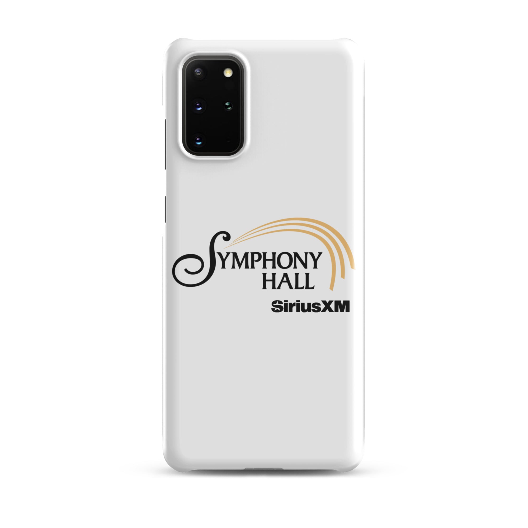 White phone case featuring the words 'Symphony Hall' and 'SiriusXM' in black and gold.