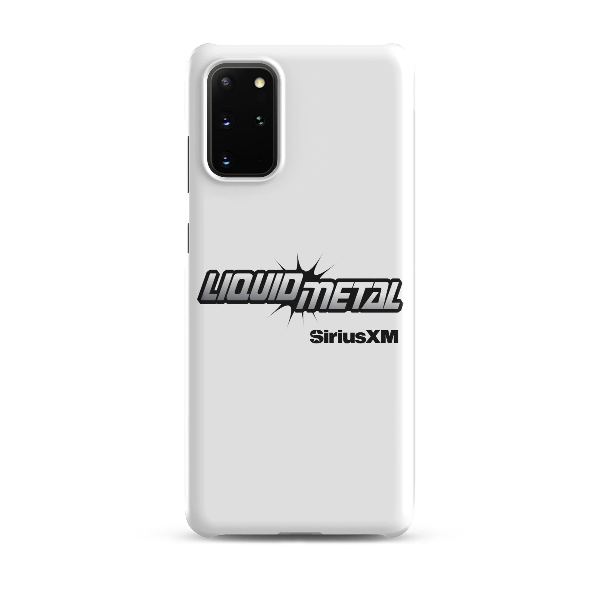 White phone case featuring 'LIQUID METAL' logo and 'SiriusXM' branding.