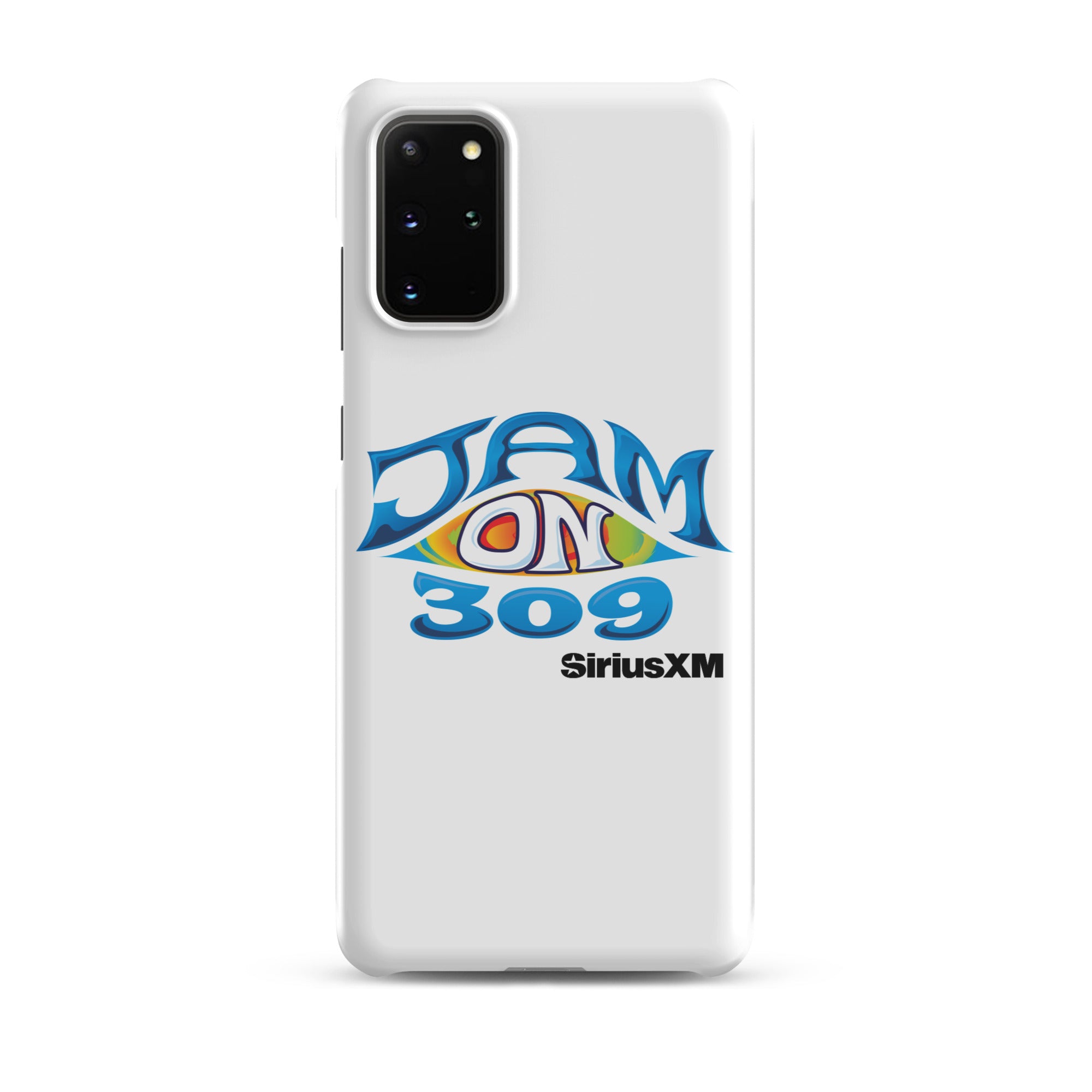 White phone case featuring 'JAM ON 309' logo and 'SiriusXM' text in blue and colorful design.