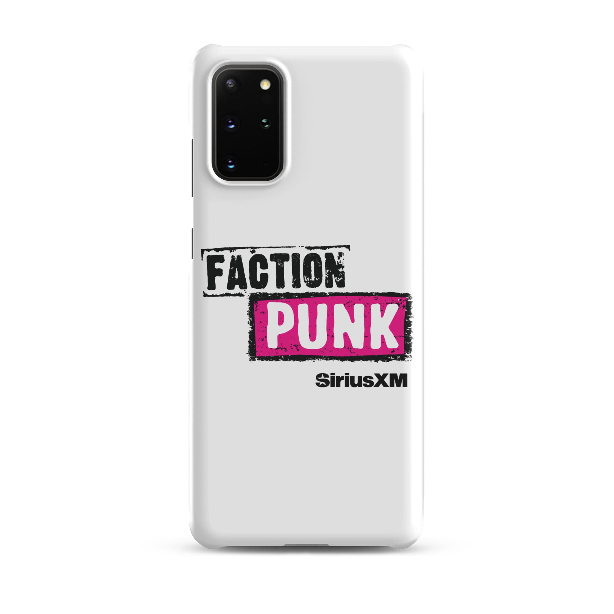 A white phone case with the words 'FACTION PUNK' in bold black and pink lettering and 'SiriusXM' branding.