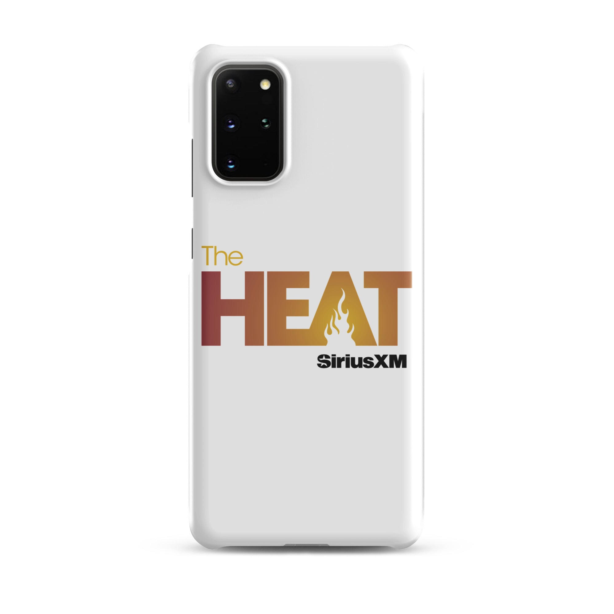 White phone case featuring 'The HEAT' logo with a flame design in orange and red hues and 'SiriusXM' branding.