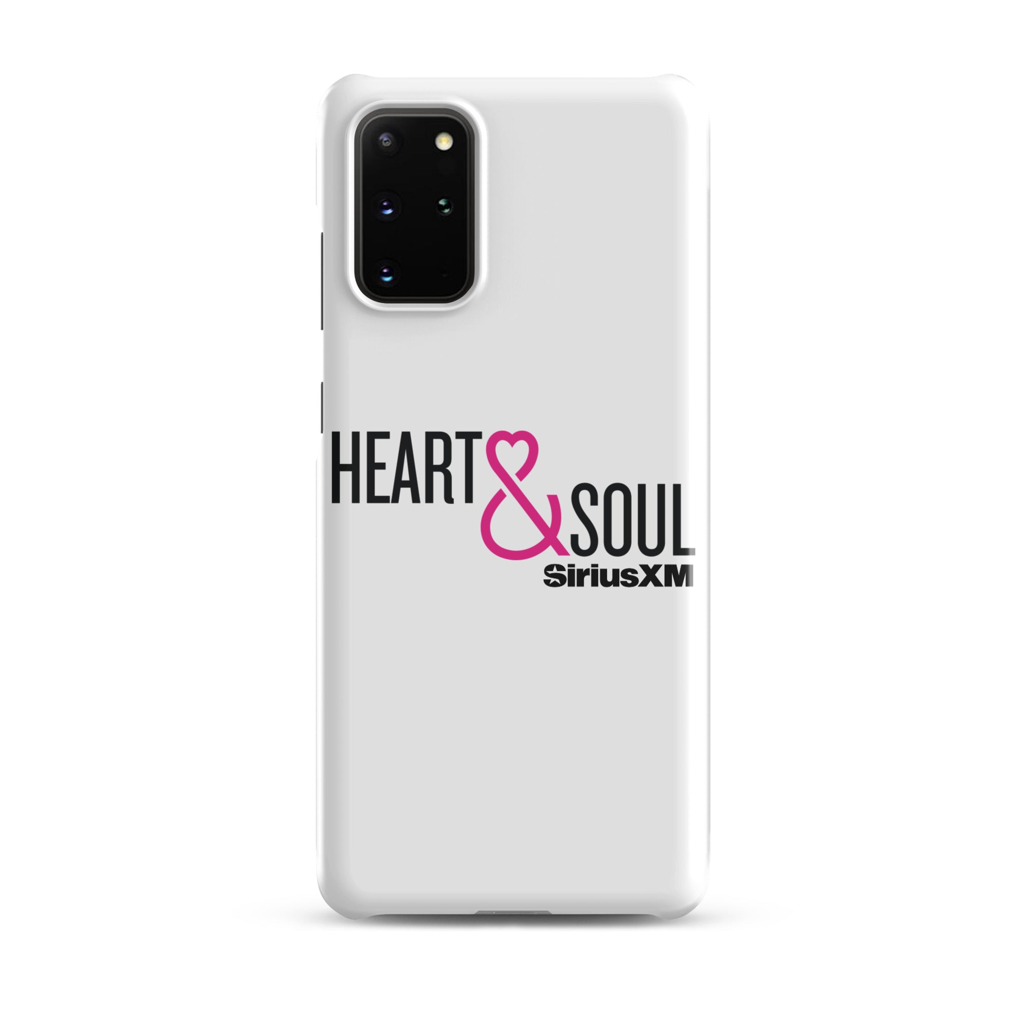 White phone case featuring 'HEART & SOUL' in black and pink text, with 'SiriusXM' logo.