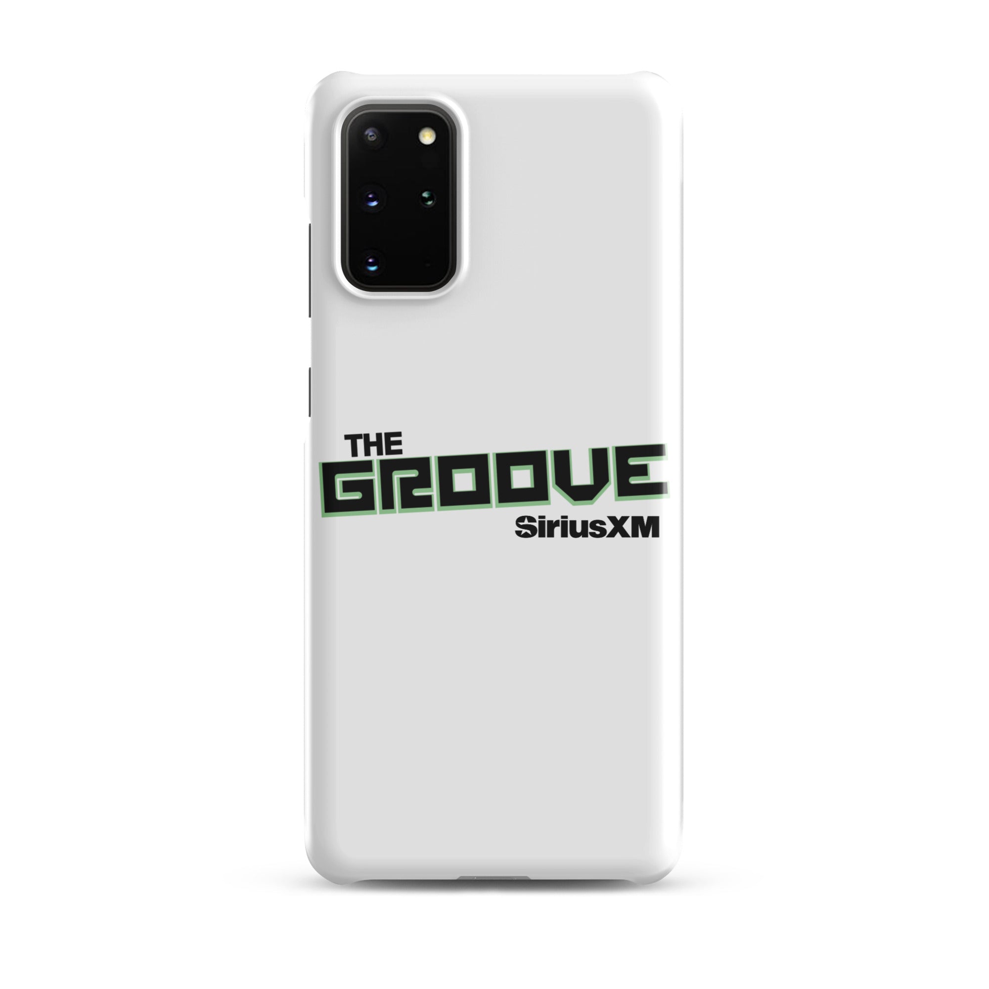 White phone case featuring 'THE GROOVE' and 'SiriusXM' logos in green and black.