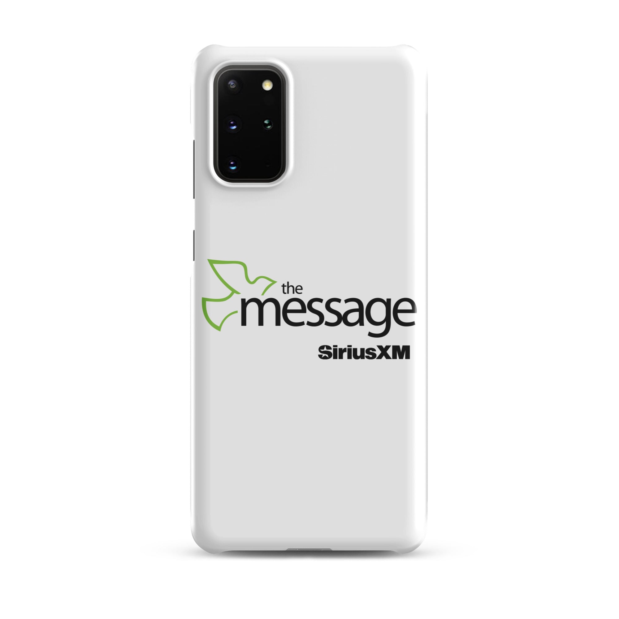 White phone case featuring 'the message' logo alongside 'SiriusXM' branding.