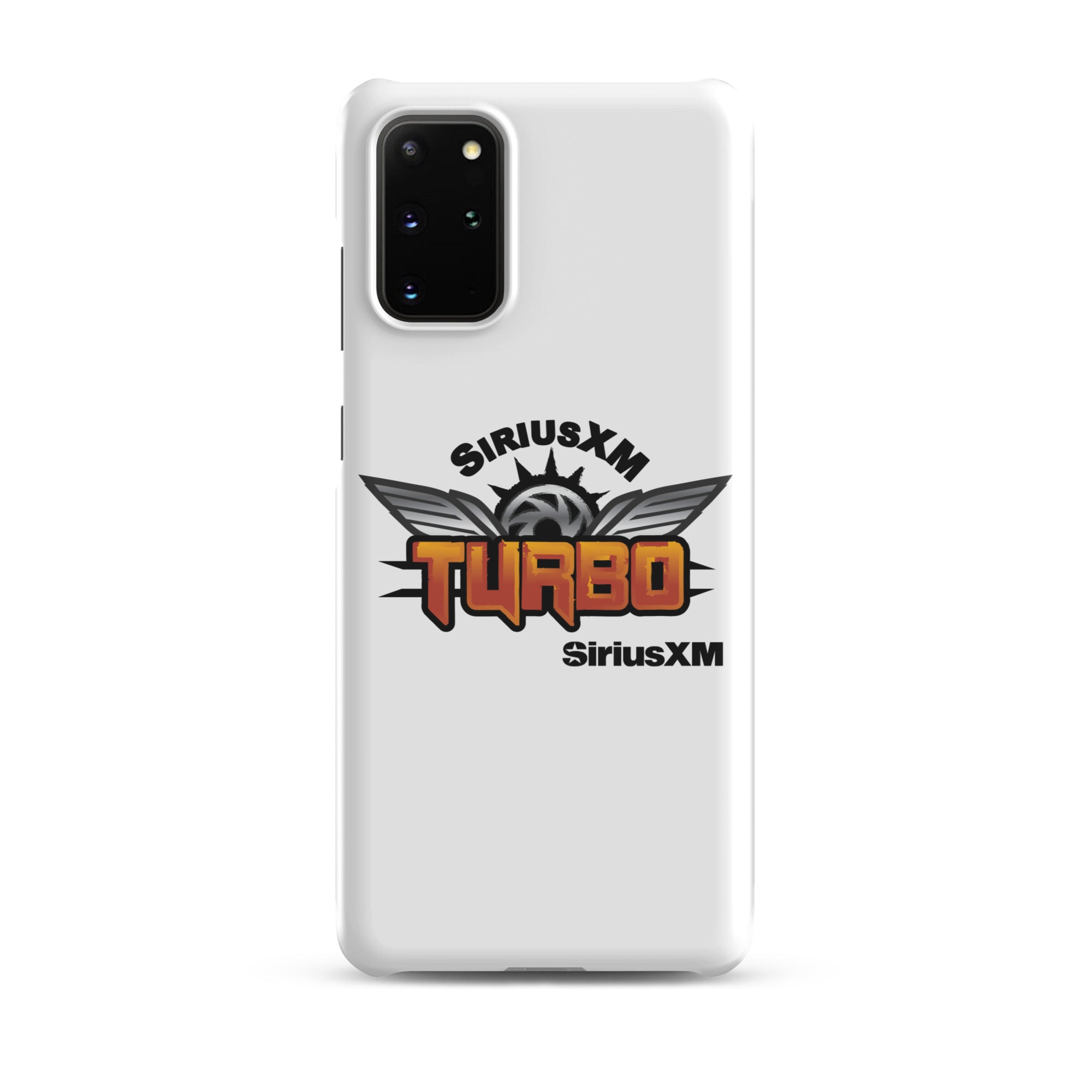 White phone case featuring 'SiriusXM Turbo' logo with wings and sun graphics and 'SiriusXM' branding.