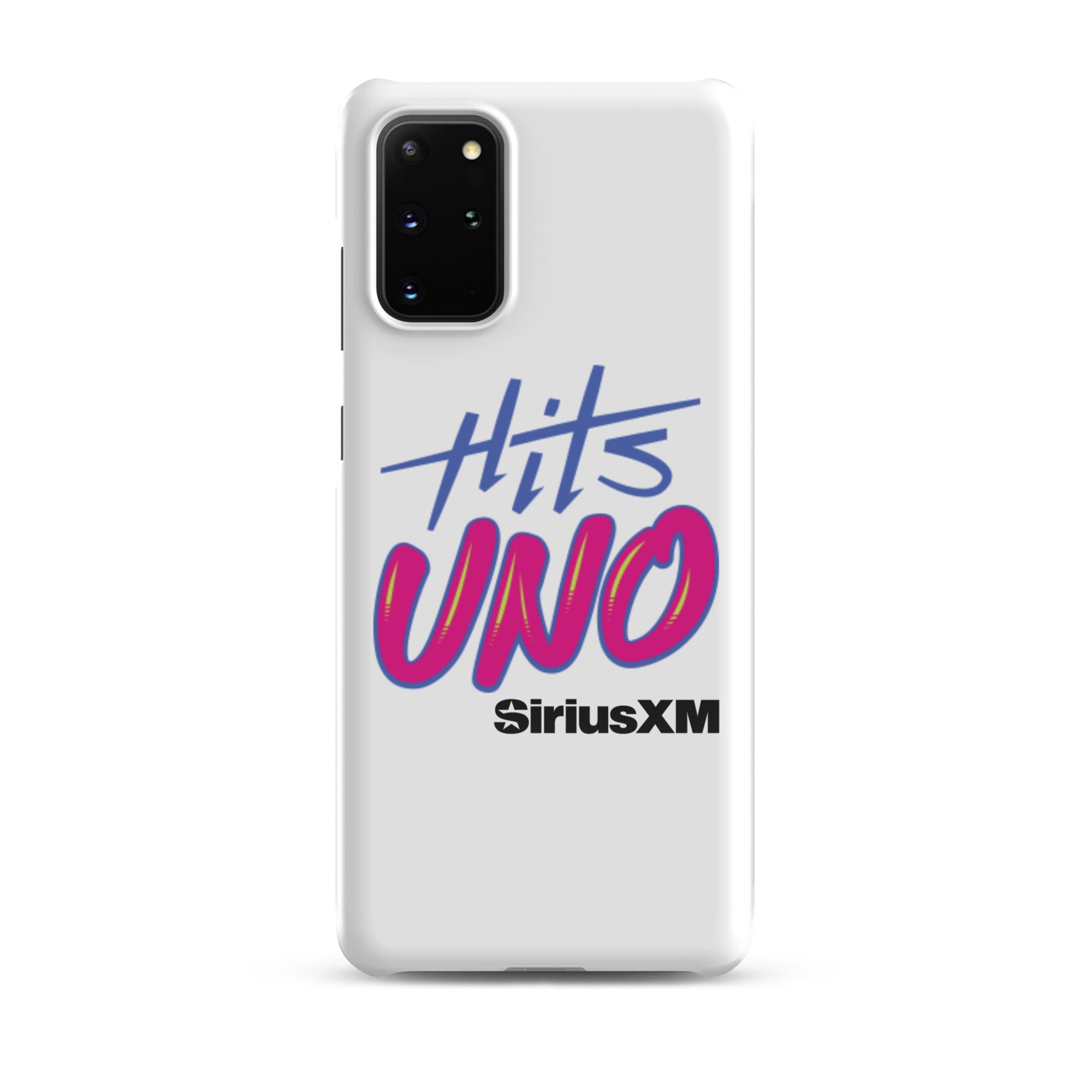 Phone case design featuring 'Hits UNO' and 'SiriusXM' in vibrant blue and pink colors on a white background.