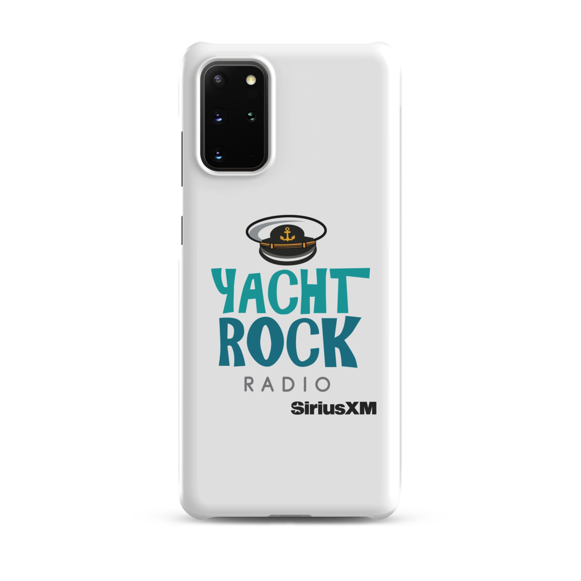 White phone case featuring 'Yacht Rock Radio' logo with a captain's hat and 'SiriusXM' branding.