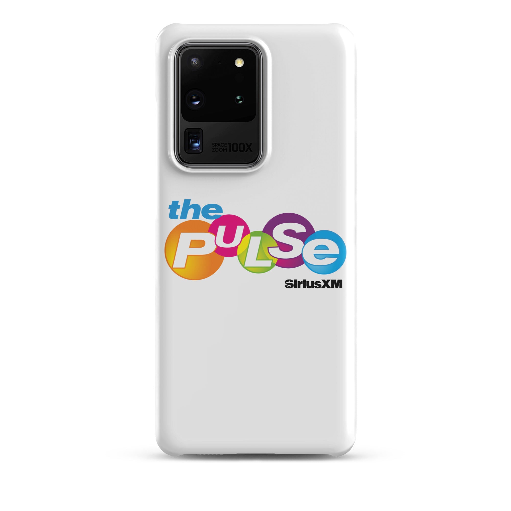 A white phone case featuring the colorful logo 'the PULSe SiriusXM.'