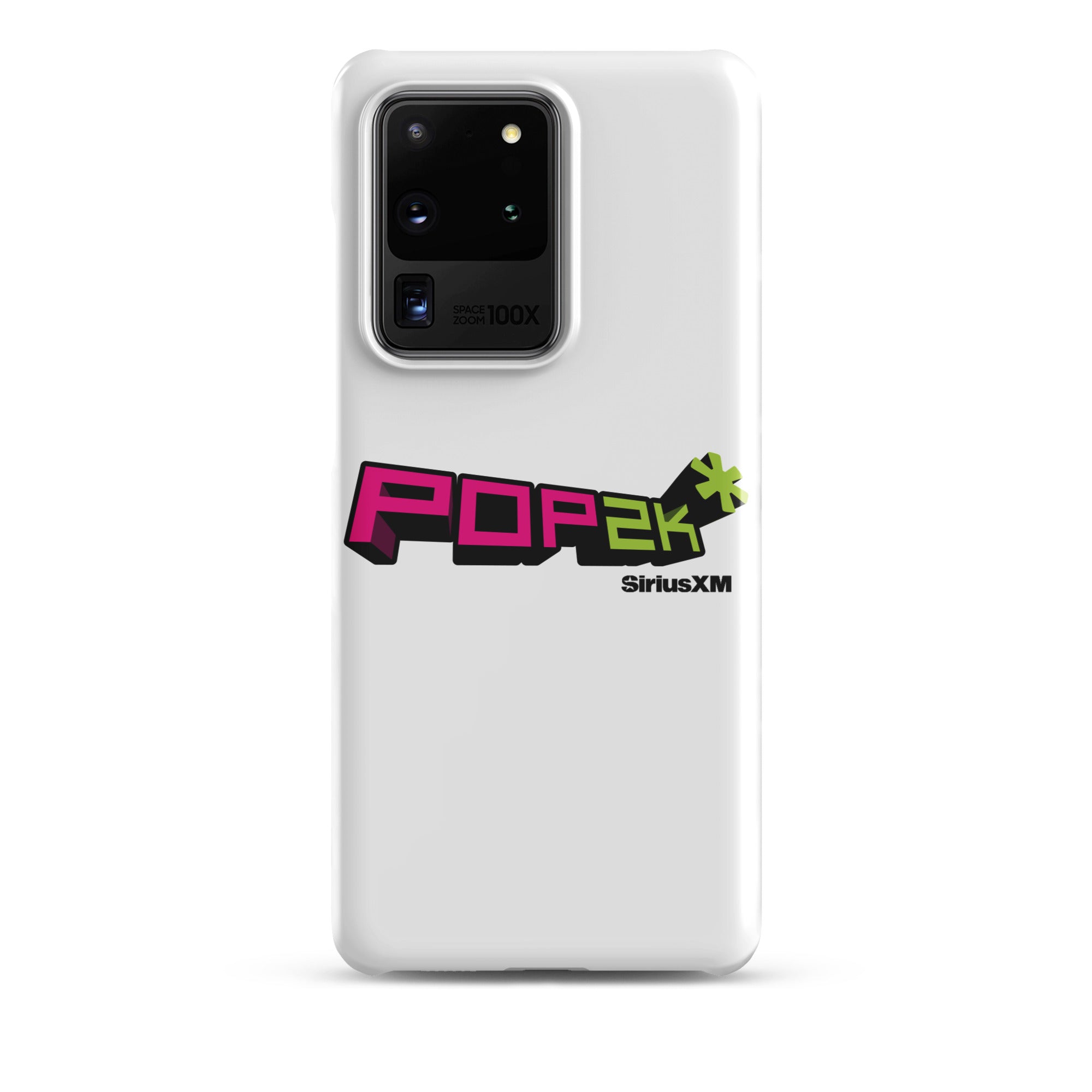 White phone case featuring the 'POP2K' logo with 'SiriusXM' branding in bold pink and green colors.