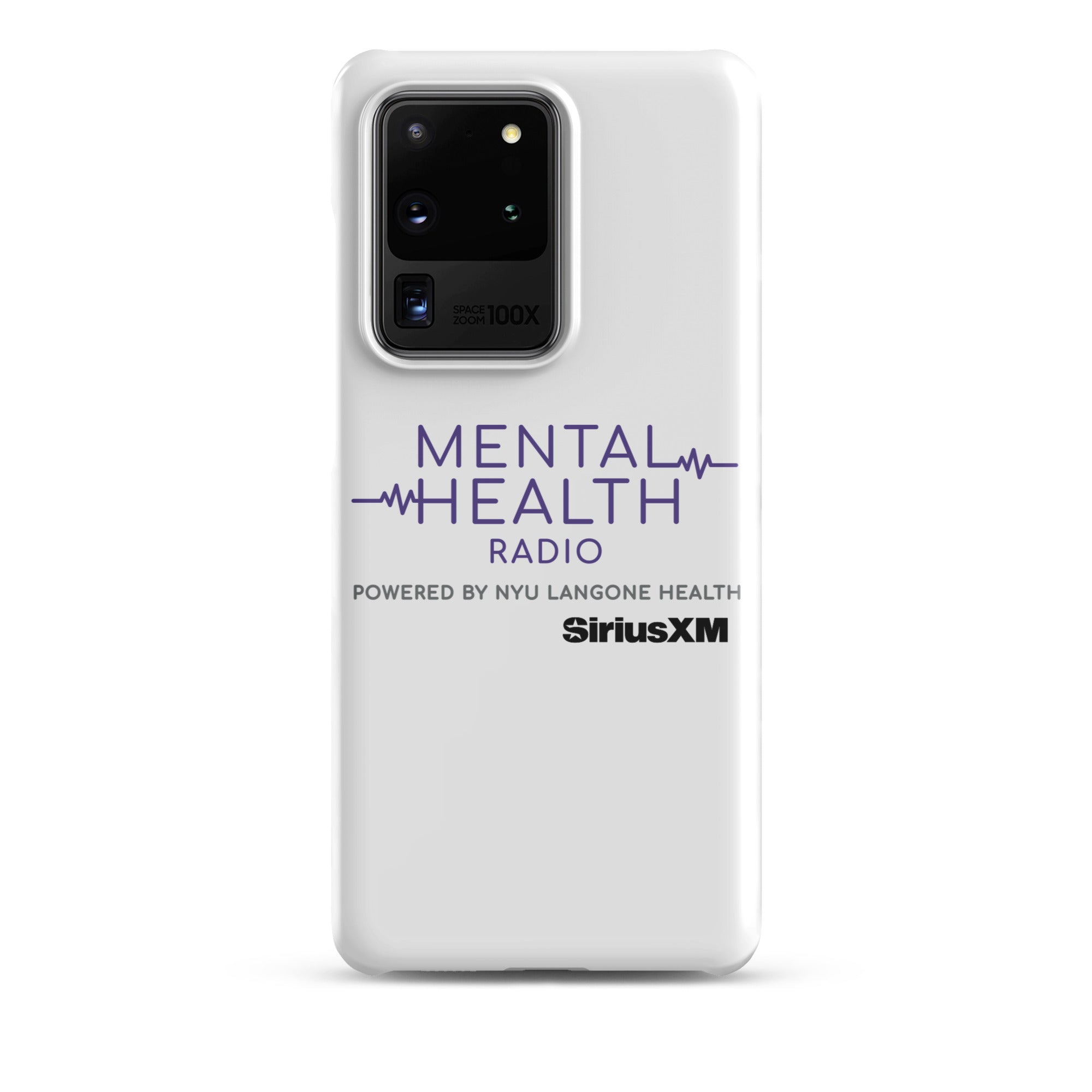 White phone case featuring 'MENTAL HEALTH RADIO powered by NYU Langone Health' logo and 'SiriusXM' branding.