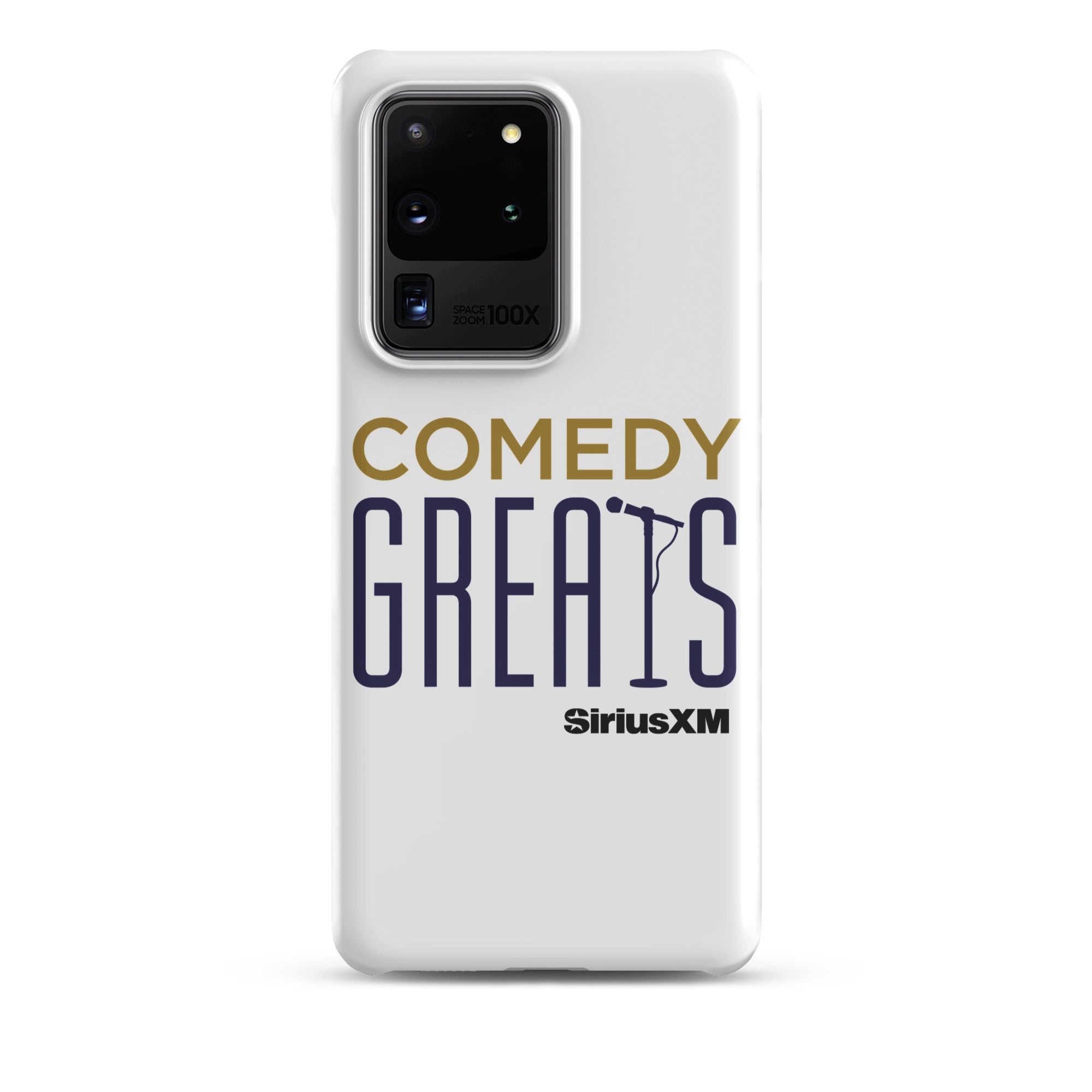 White phone case with 'COMEDY GREATS' logo and a microphone icon, featuring the 'SiriusXM' logo.