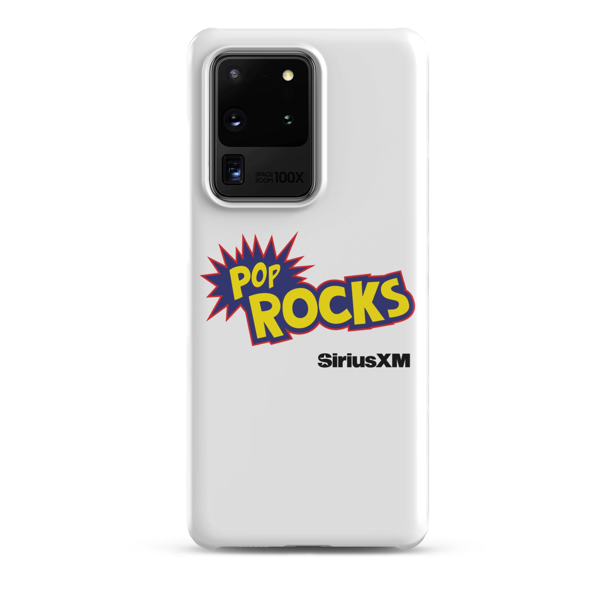 A white phone case featuring 'Pop Rocks' explosion graphic design  'SiriusXM' logo.