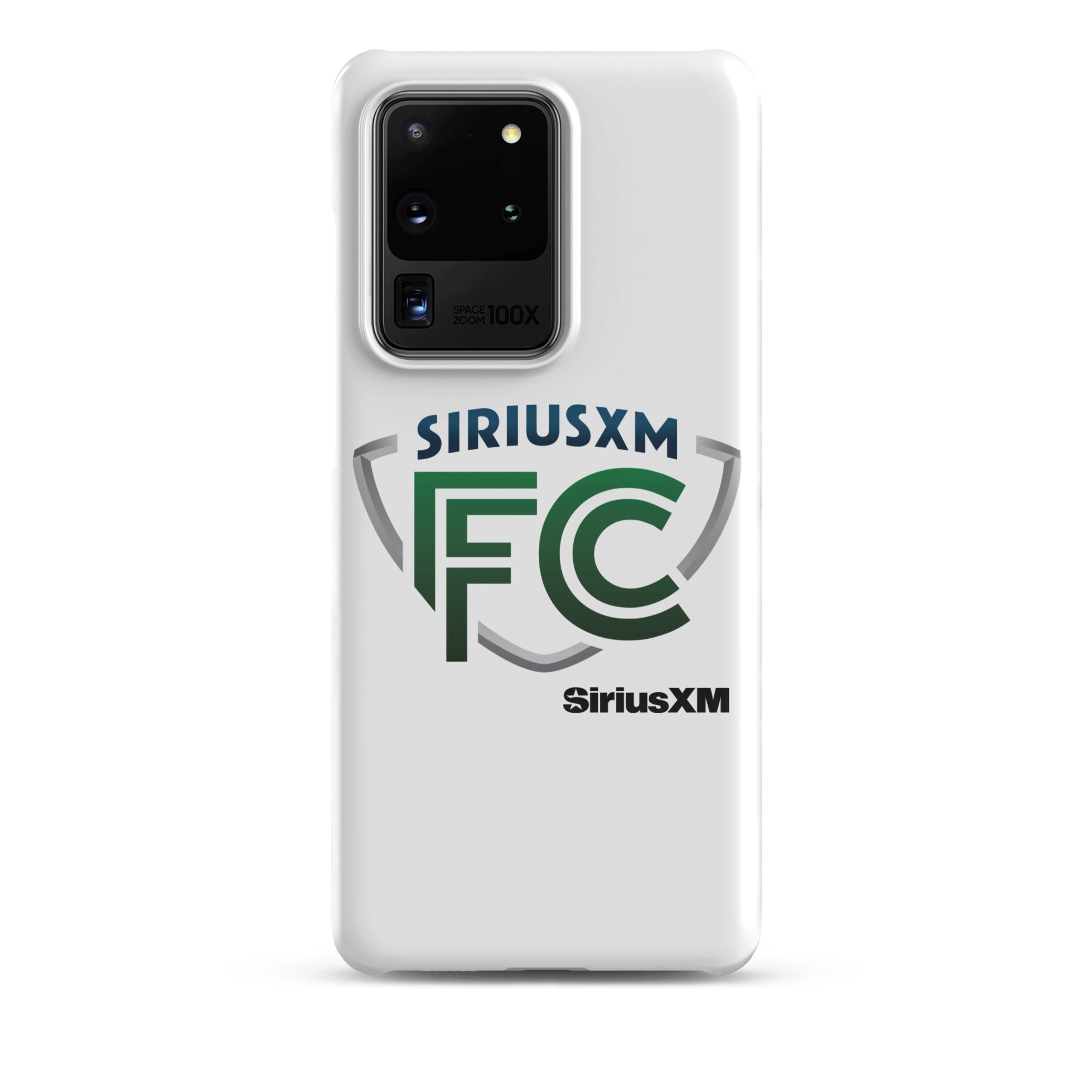 White phone case featuring 'SiriusXM FC' logo in green and blue.