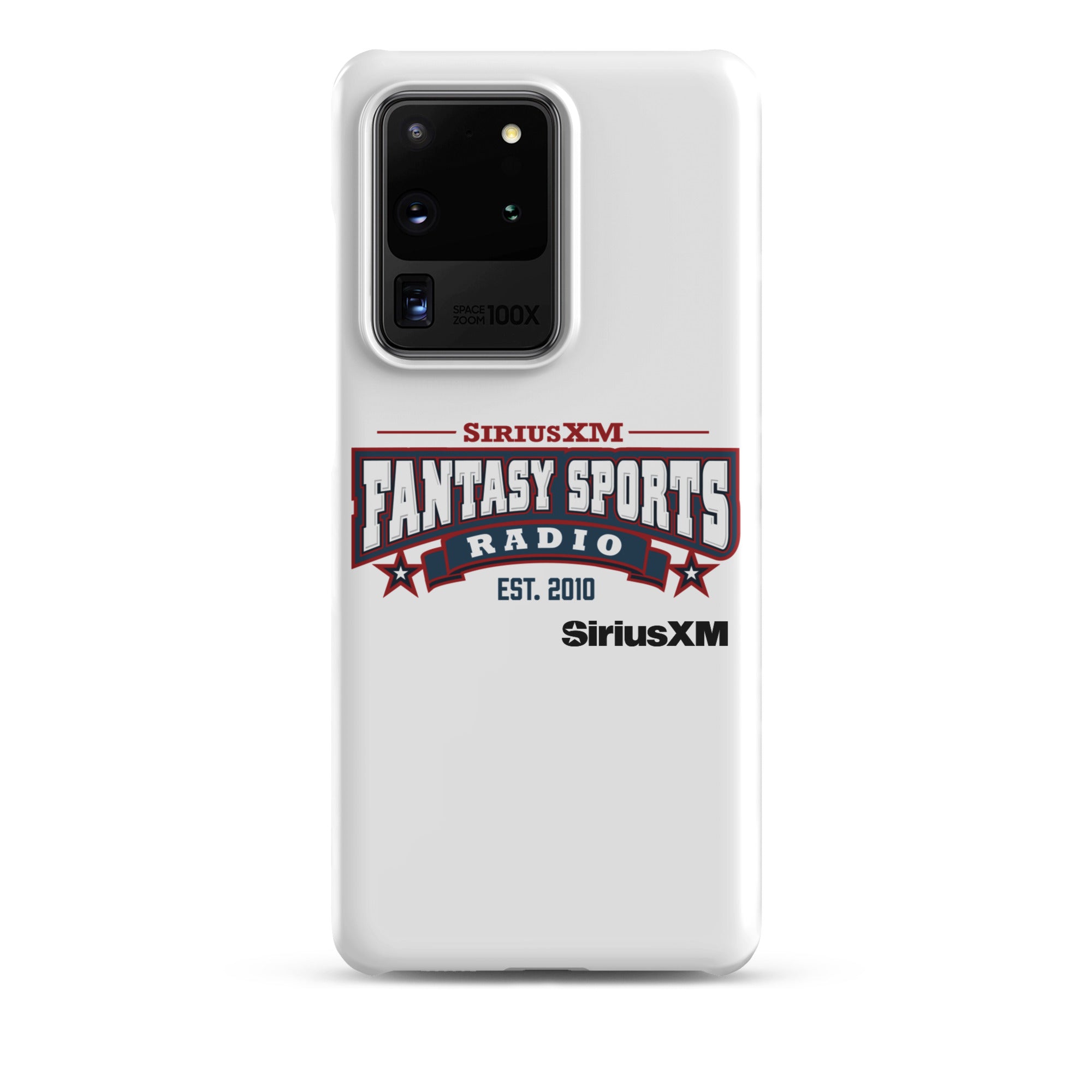 White phone case with 'SiriusXM Fantasy Sports Radio established 2010' logo, featuring red and blue design elements.