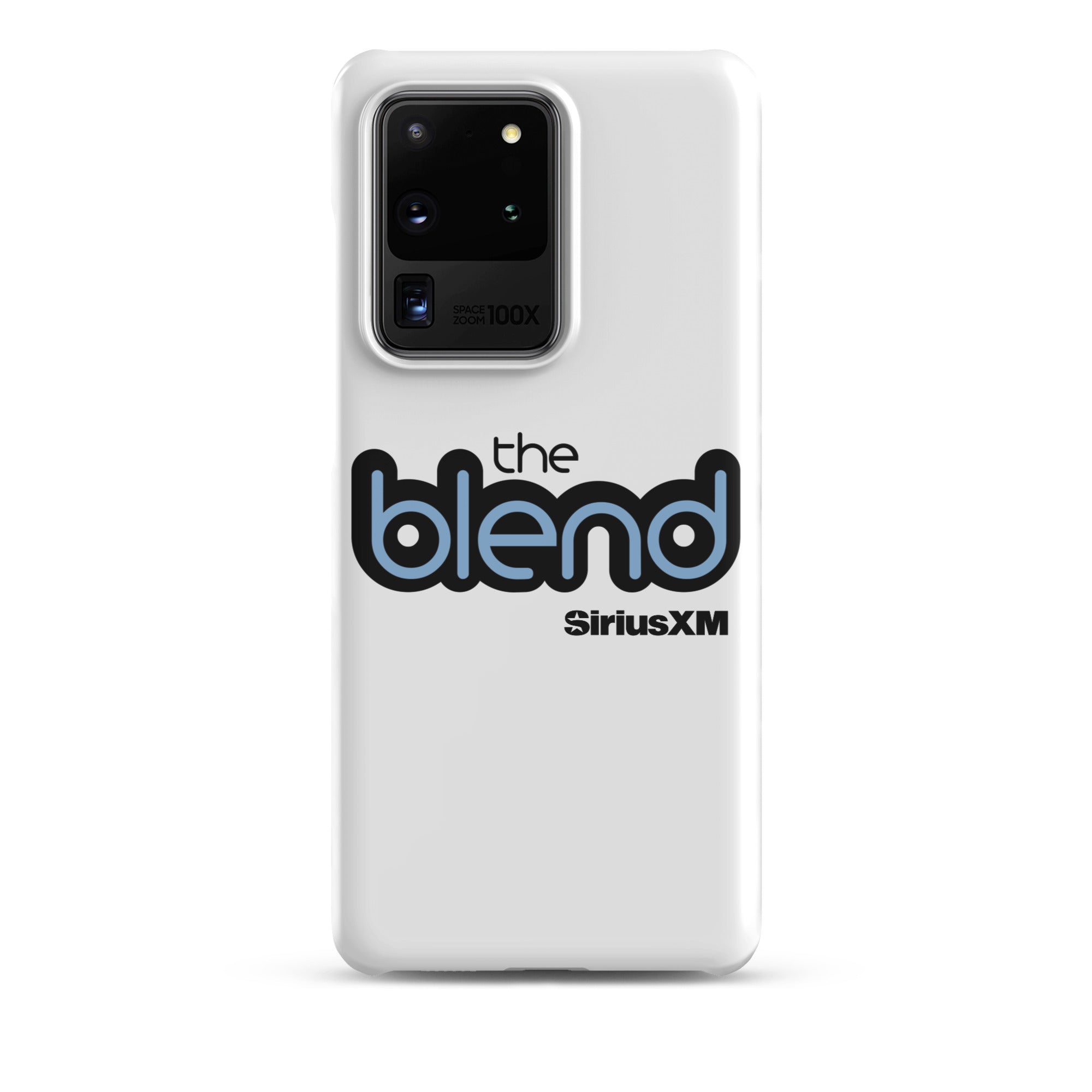 White phone case featuring the logo 'the blend' and 'SiriusXM' in blue and black text.