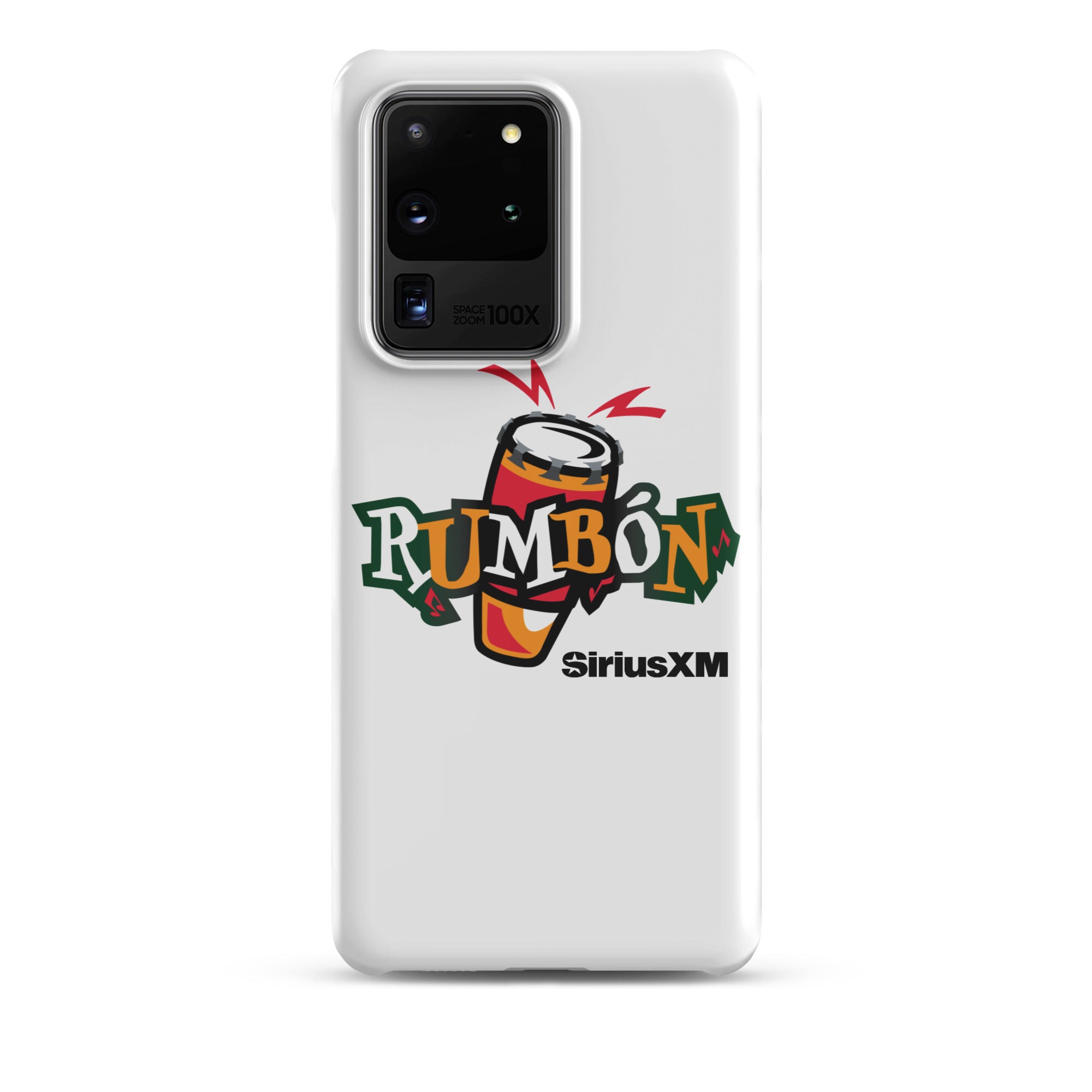 White phone case featuring a colorful 'Rumbón' logo with a conga drum and 'SiriusXM' branding.