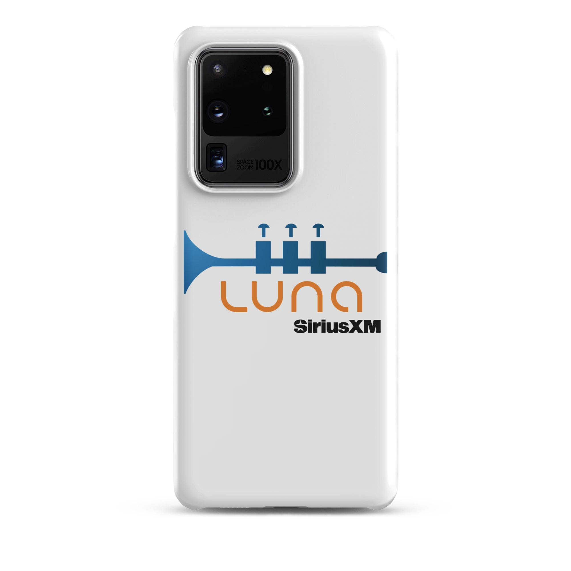 White phone case featuring a blue trumpet graphic and the logo 'LUNA SiriusXM' in orange and black.