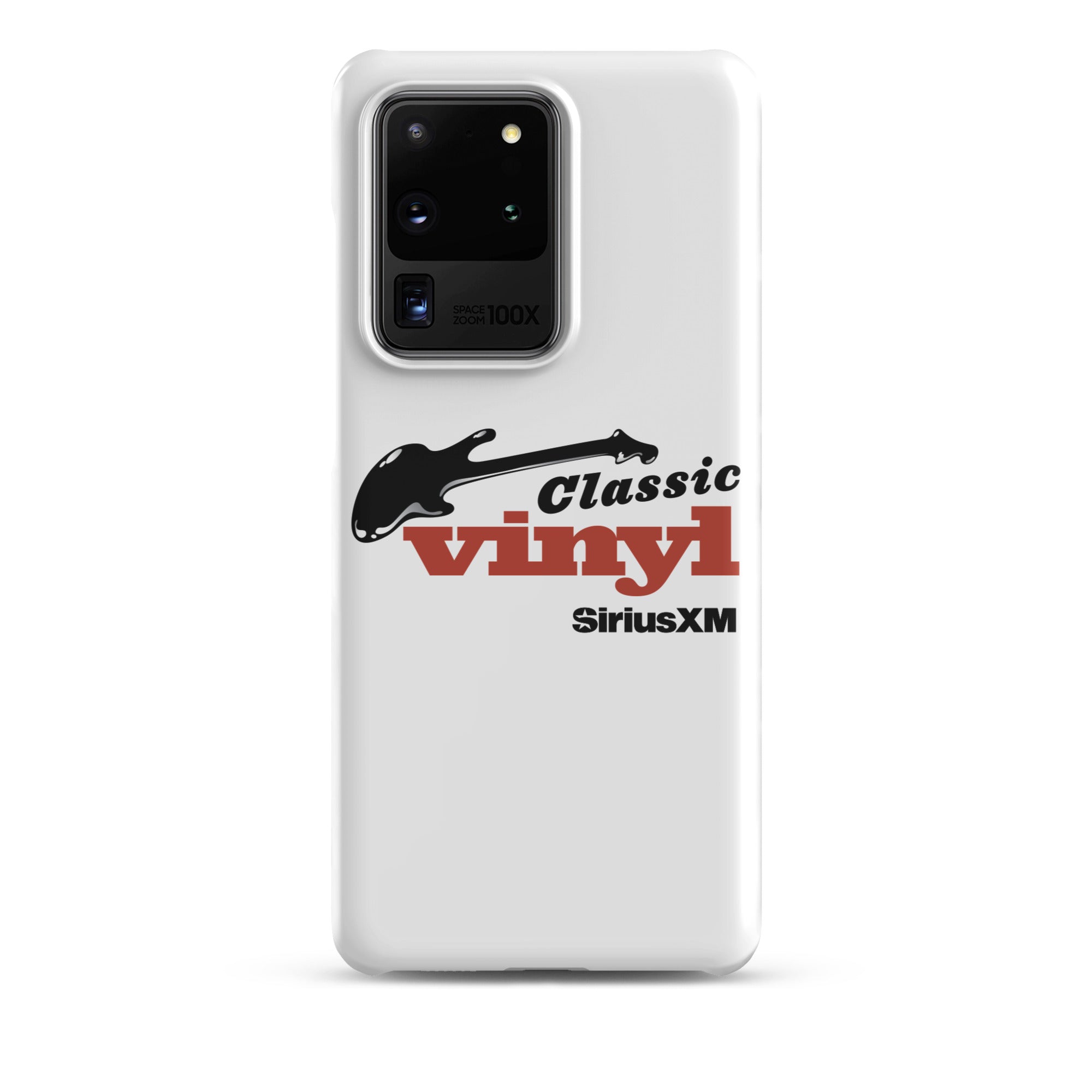 White phone case featuring 'Classic Vinyl' logo in red and black, and a black guitar graphic, with 'SiriusXM' logo.