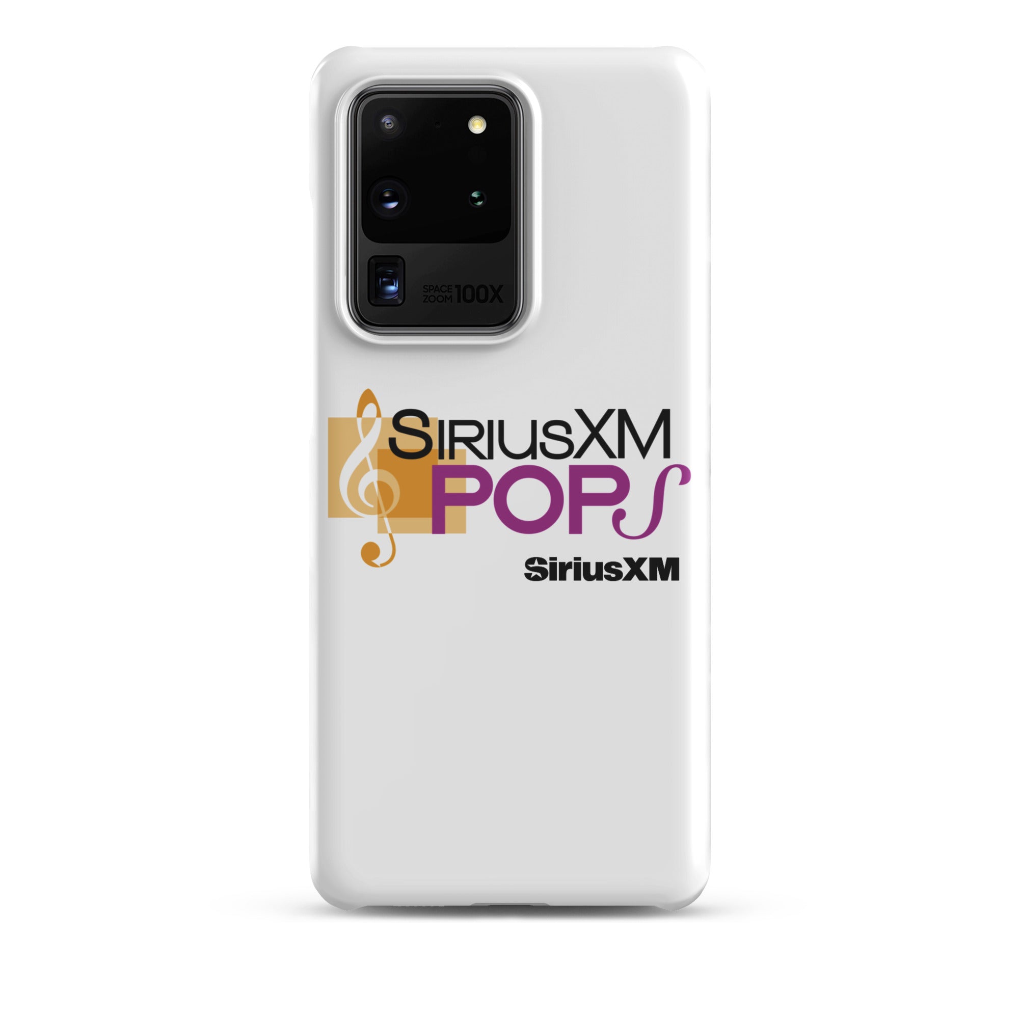 White phone case with 'SiriusXM Pops' logo featuring musical notes and 'SiriusXM' branding.