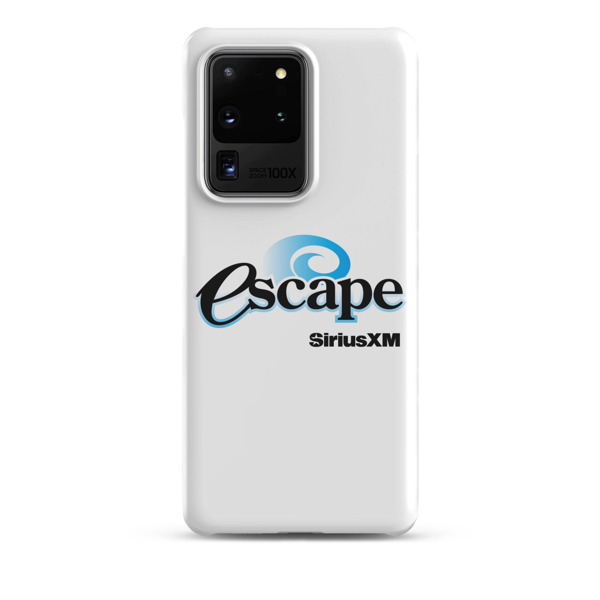 White phone case featuring the 'escape' logo and 'SiriusXM' branding.