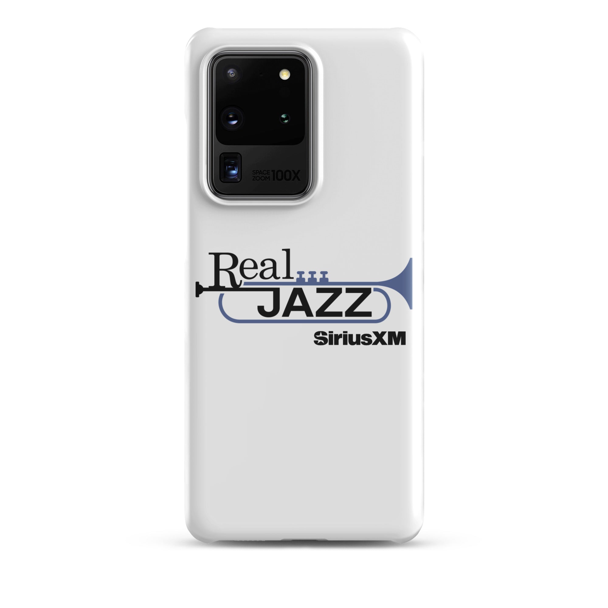 White phone case featuring 'Real Jazz' logo with trumpet and 'SiriusXM' text.