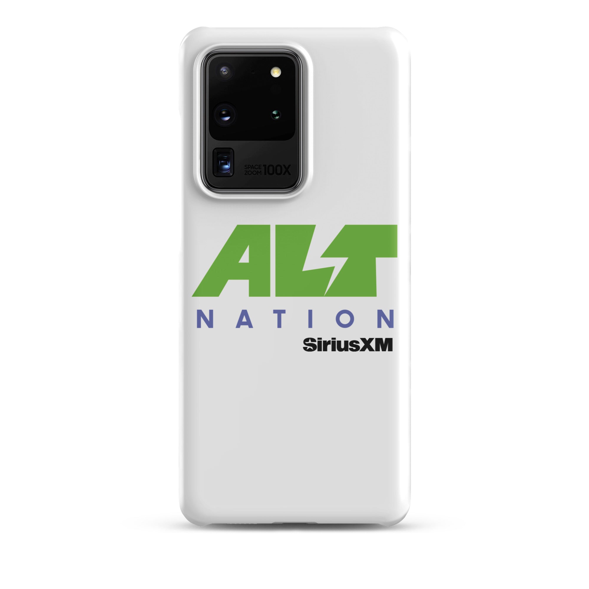 White phone case featuring 'ALT NATION' logo with green and blue text, alongside 'SiriusXM' branding.