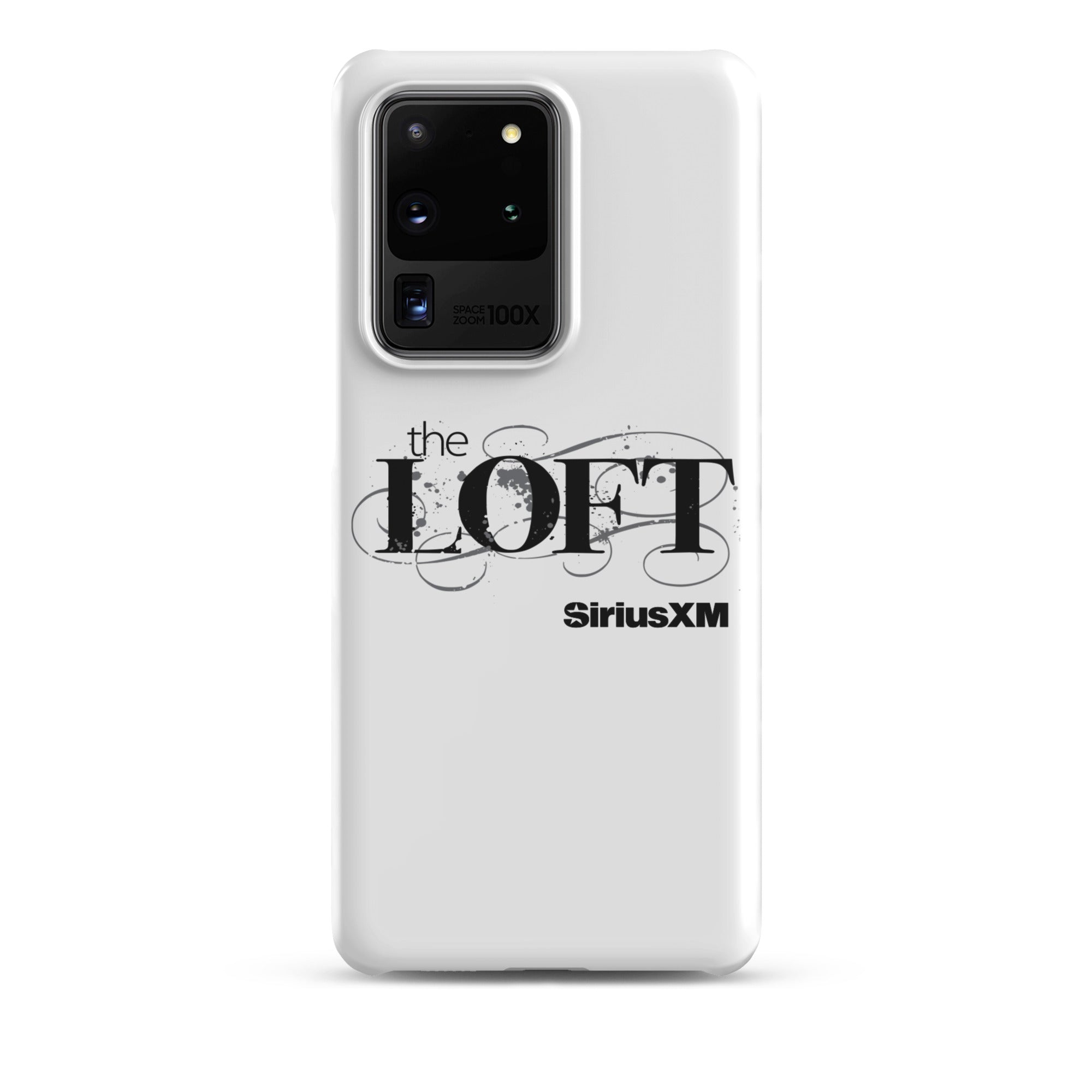 Phone case featuring 'the LOFT' and 'SiriusXM' logos on a white background.