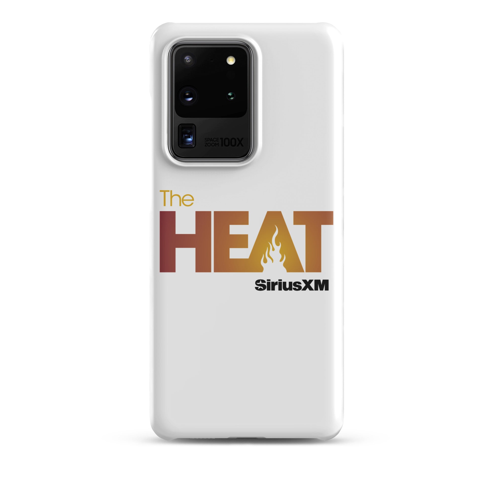 White phone case featuring 'The HEAT' logo with a flame design in orange and red hues and 'SiriusXM' branding.