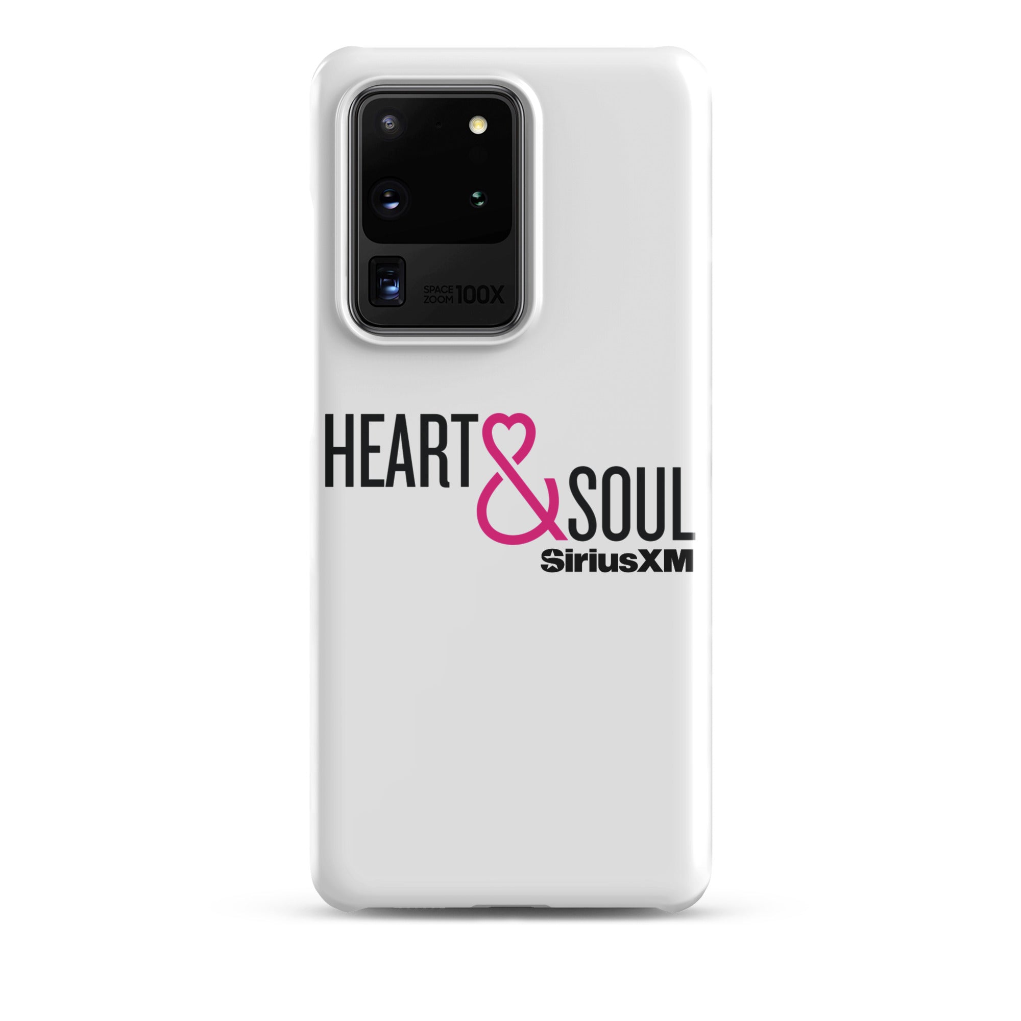 White phone case featuring 'HEART & SOUL' in black and pink text, with 'SiriusXM' logo.