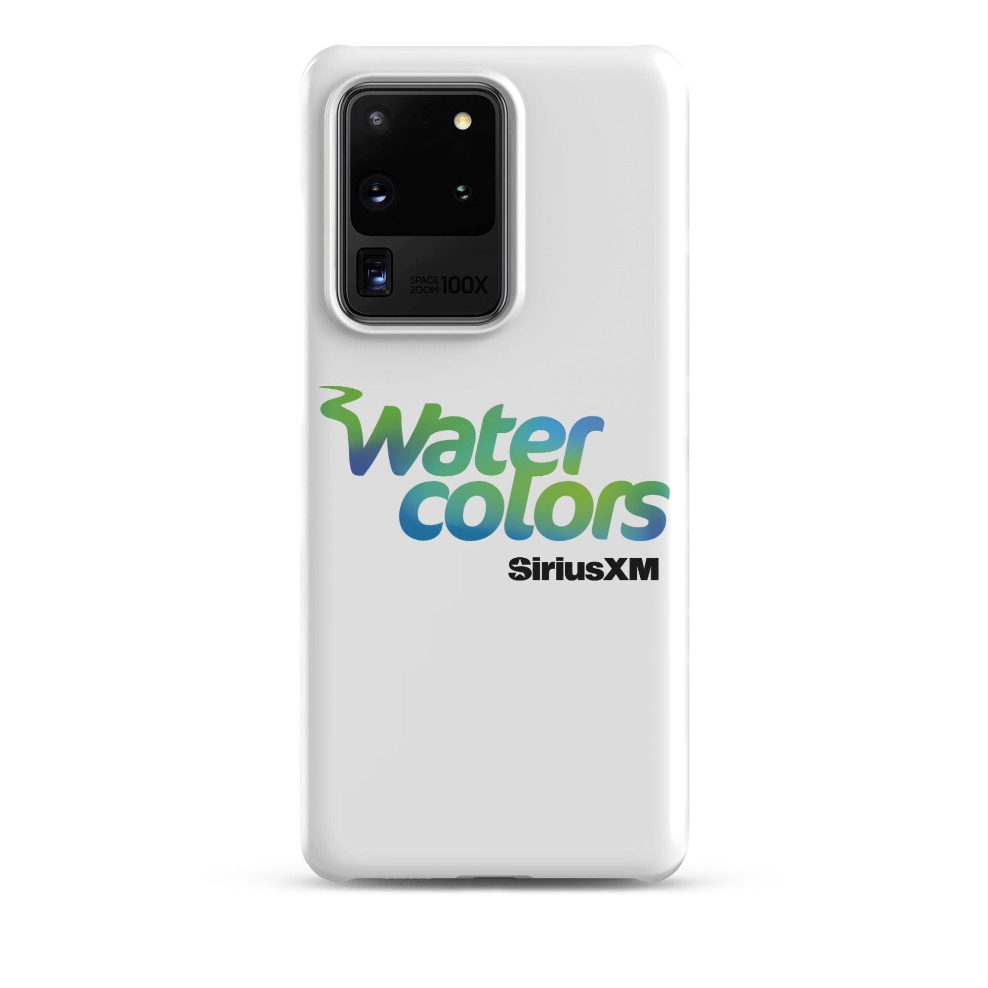 White smartphone case with 'Water colors' logo in blue and green, and 'SiriusXM' in black.