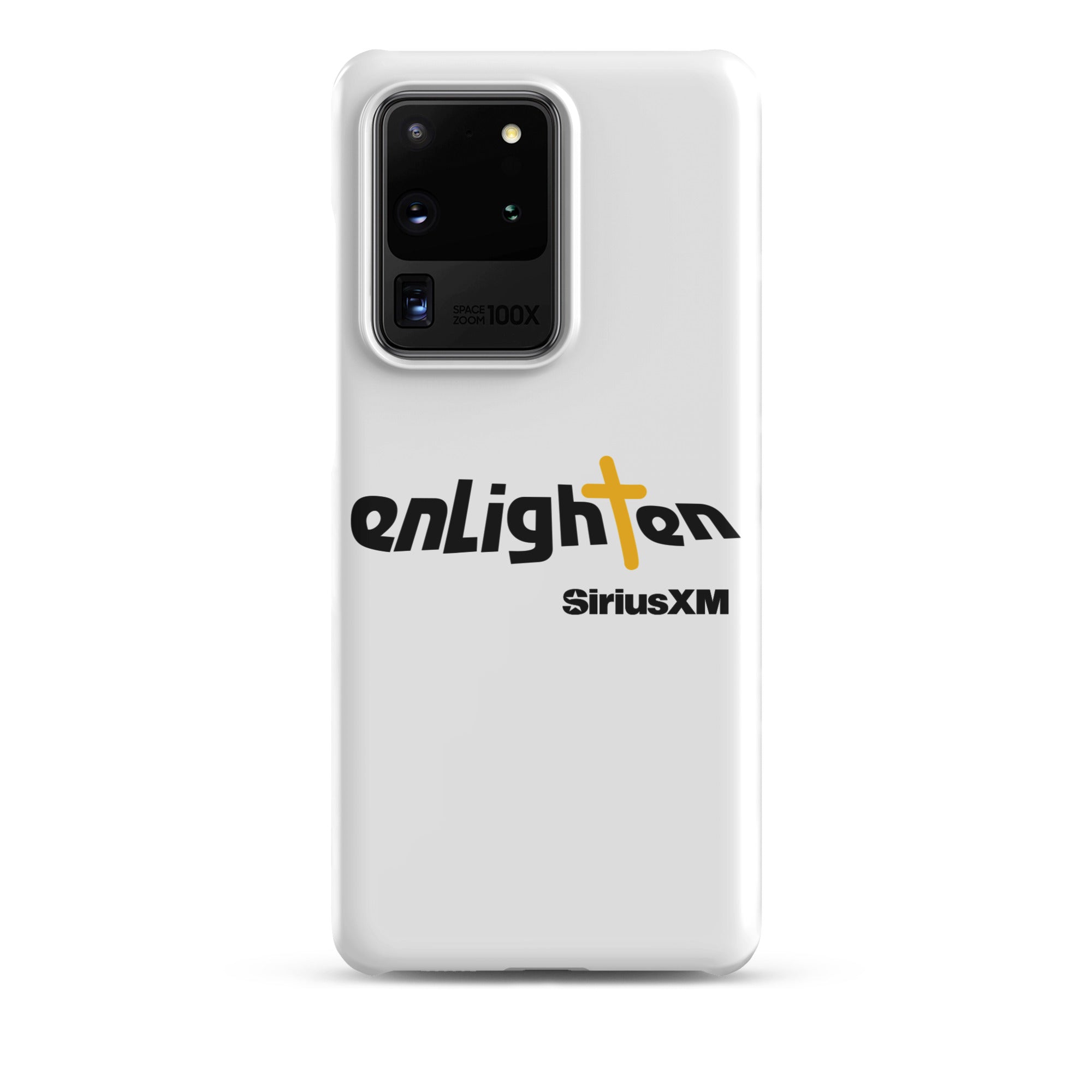 White smartphone case featuring 'enLighten' with black text and a yellow cross and 'SiriusXM' text.