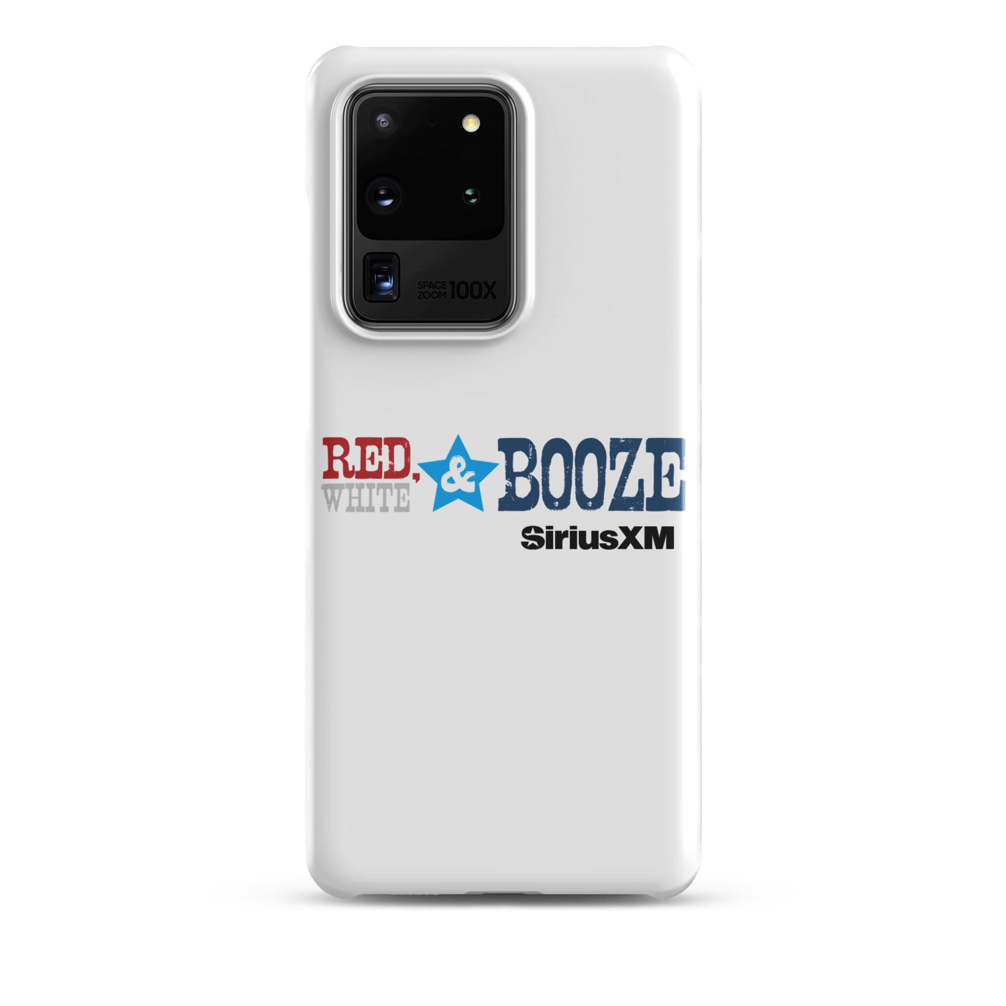 A white phone case featuring the logo 'RED, WHITE & BOOZE' along with 'SiriusXM' logo.