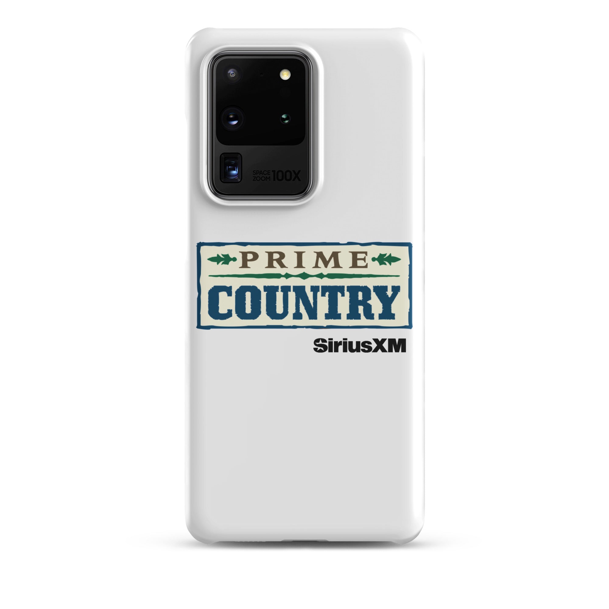 White phone case featuring the 'Prime Country' logo and 'SiriusXM' branding.