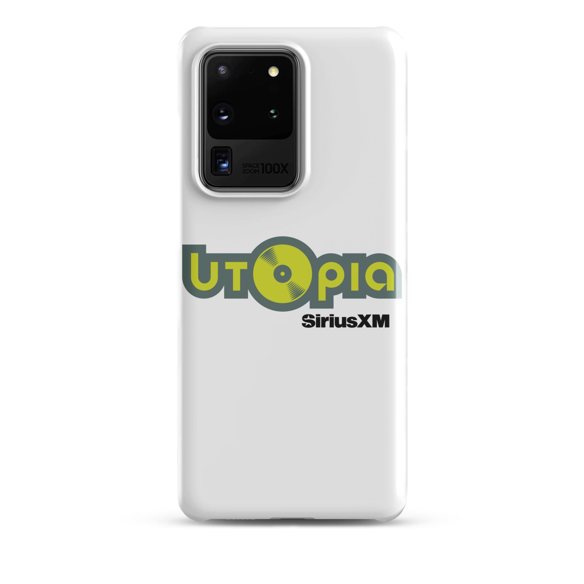 White phone case with the 'Utopia' logo and 'SiriusXM' branding in green and black.