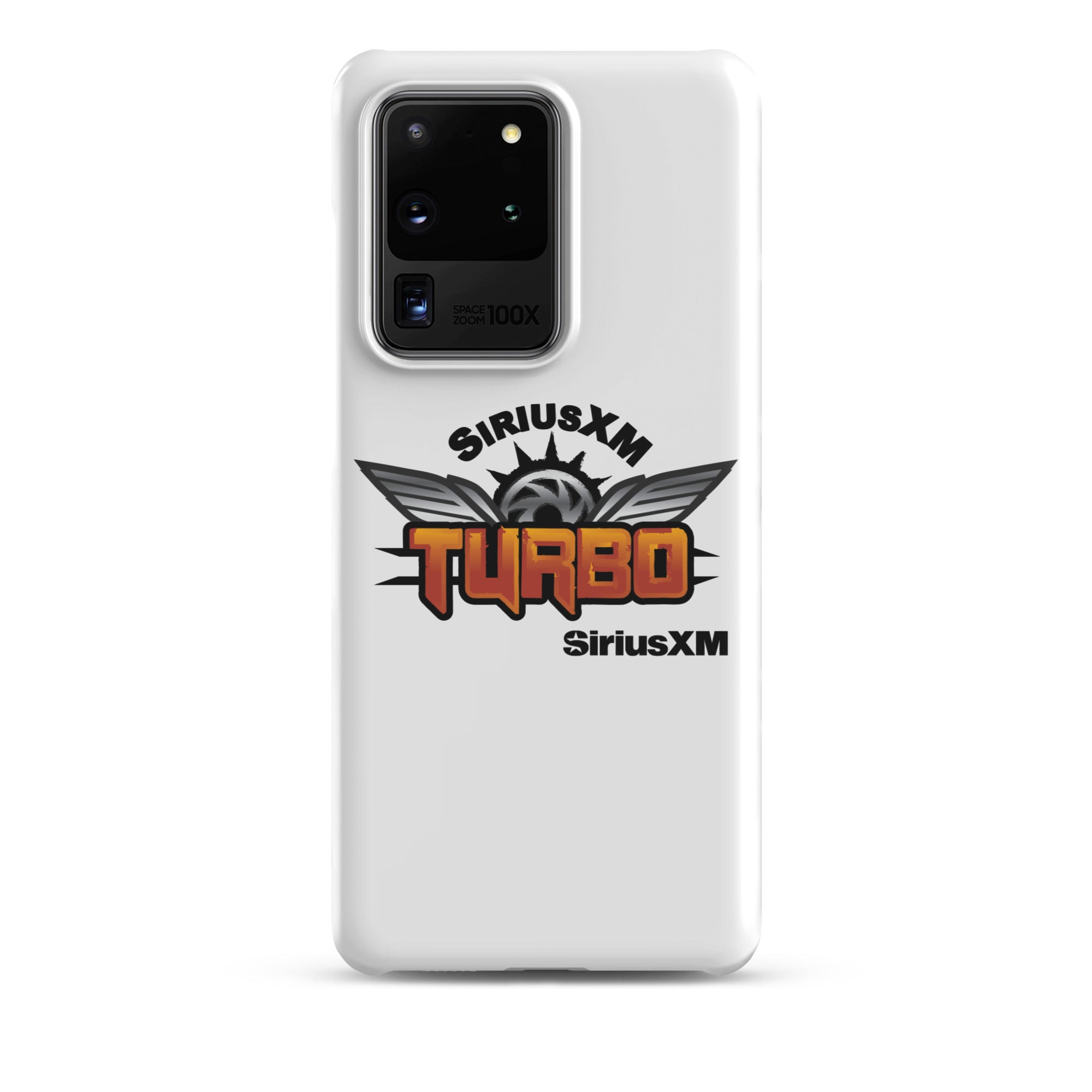 White phone case featuring 'SiriusXM Turbo' logo with wings and sun graphics and 'SiriusXM' branding.