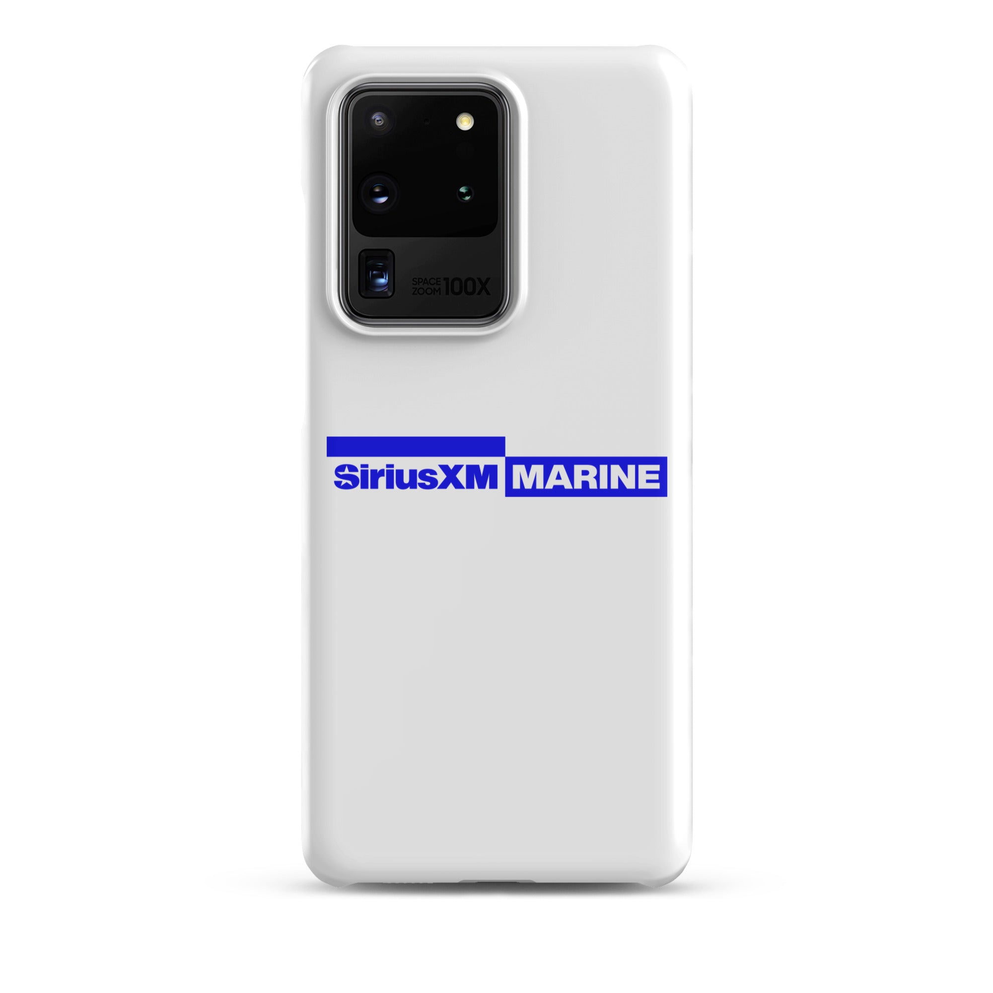 White phone case featuring the SiriusXM Marine logo in blue.